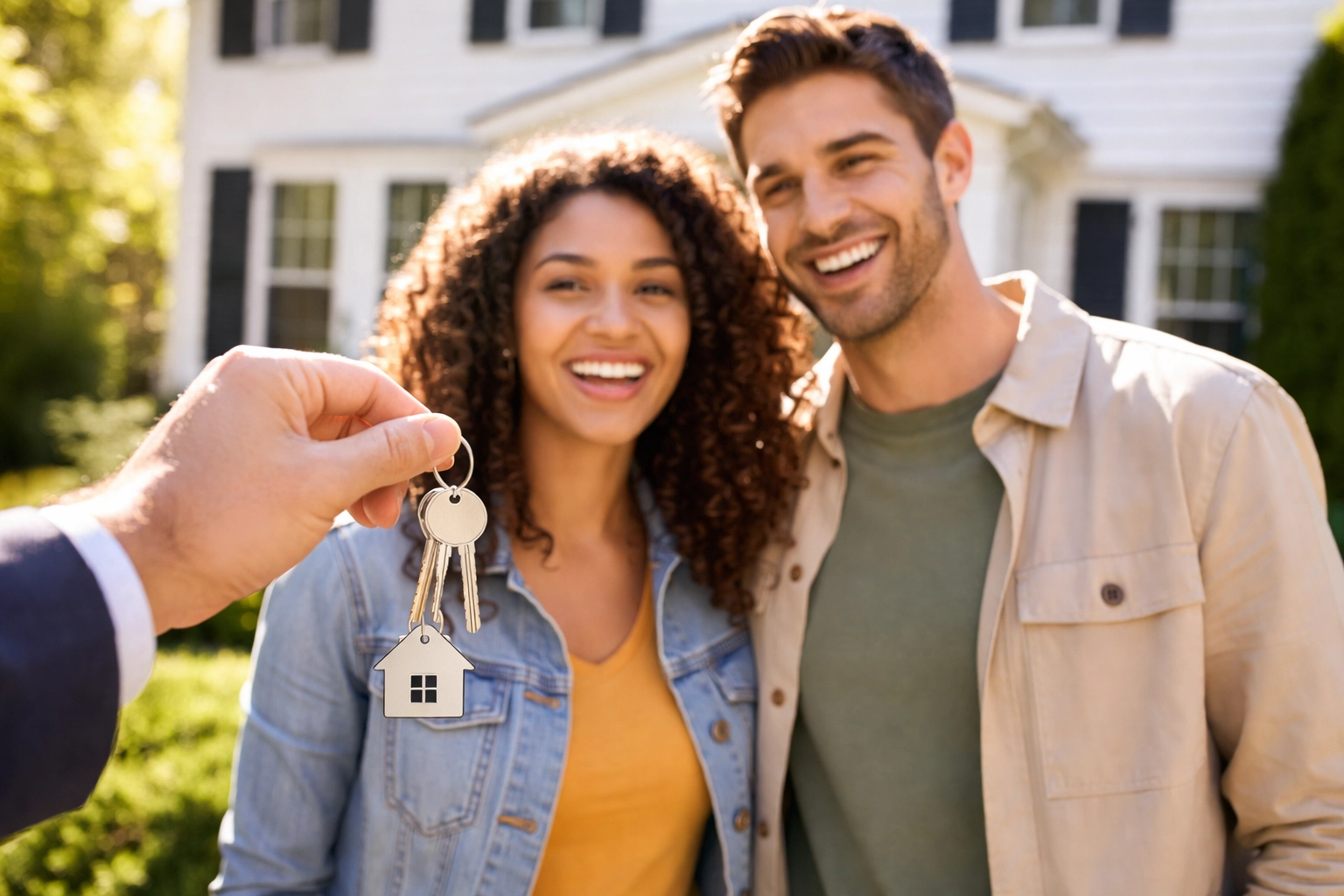 Happy couple receiving house keys after FHA loan approval in front of Connecticut colonial home
