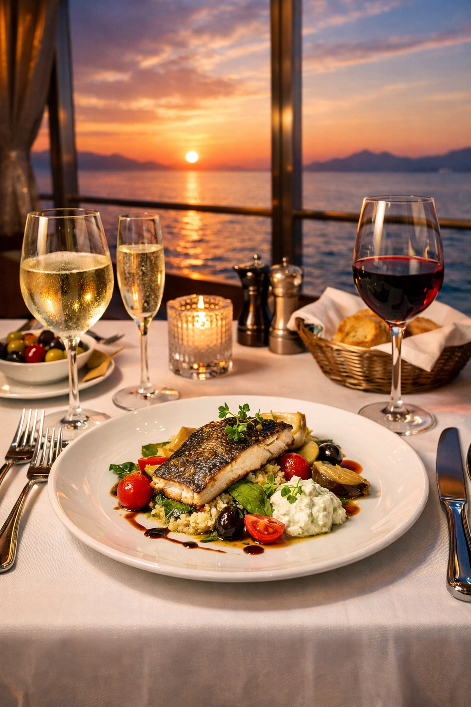 Fine dining at a cruise ship specialty restaurant with a sunset view of the Ionian Sea.