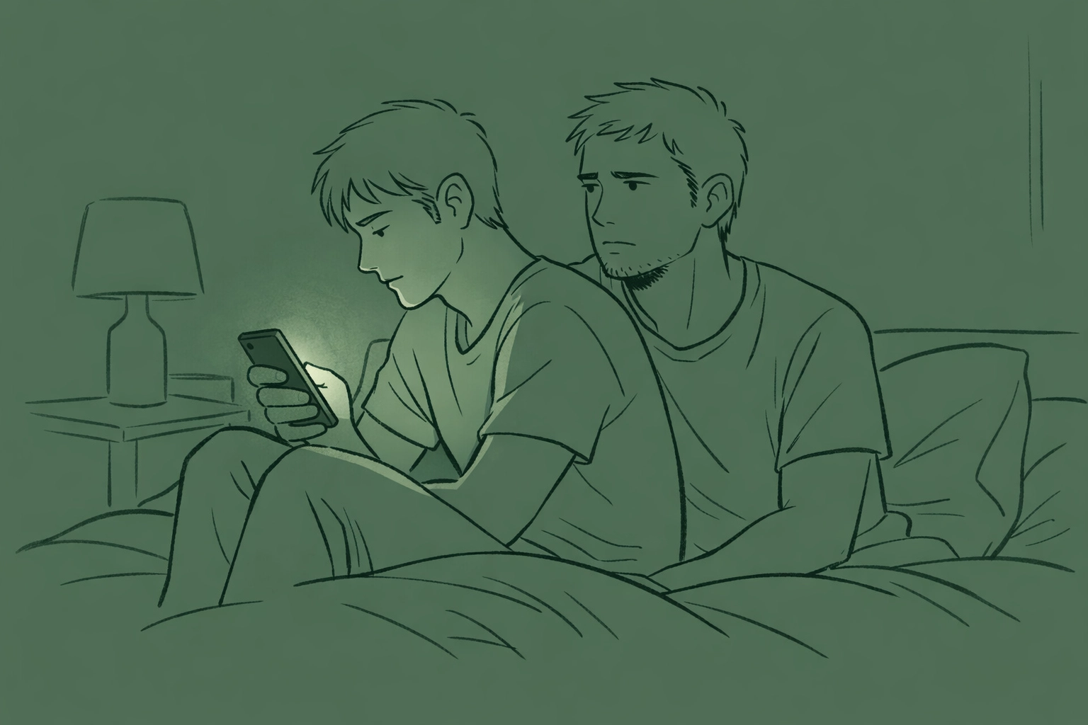Gay couple on bed experiencing emotional distance and jealousy in open relationship