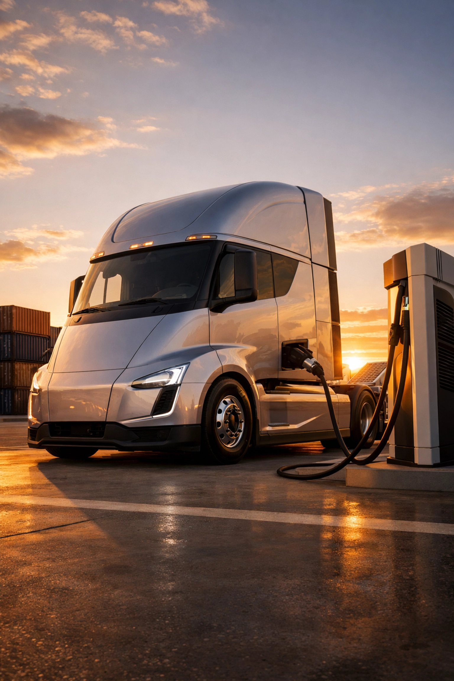 Electric semi-truck at a high-tech station showing sustainable logistics and digital media solutions for transport.