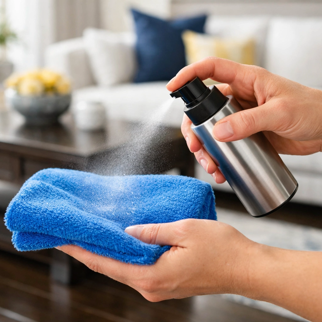 Hands misting a blue microfiber cloth for safe and effective house cleaning Lowell MA.