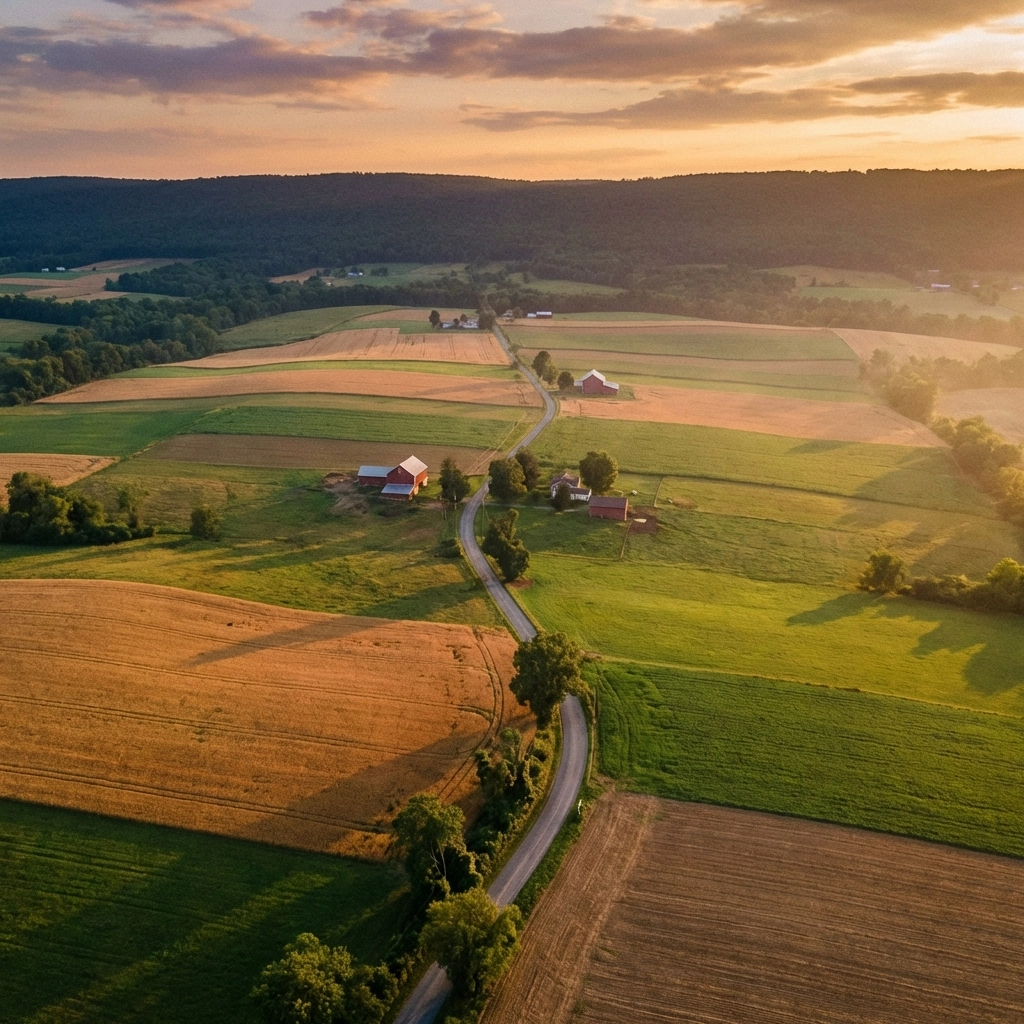 Aerial drone view of scenic Pennsylvania farmland at sunset for video production services