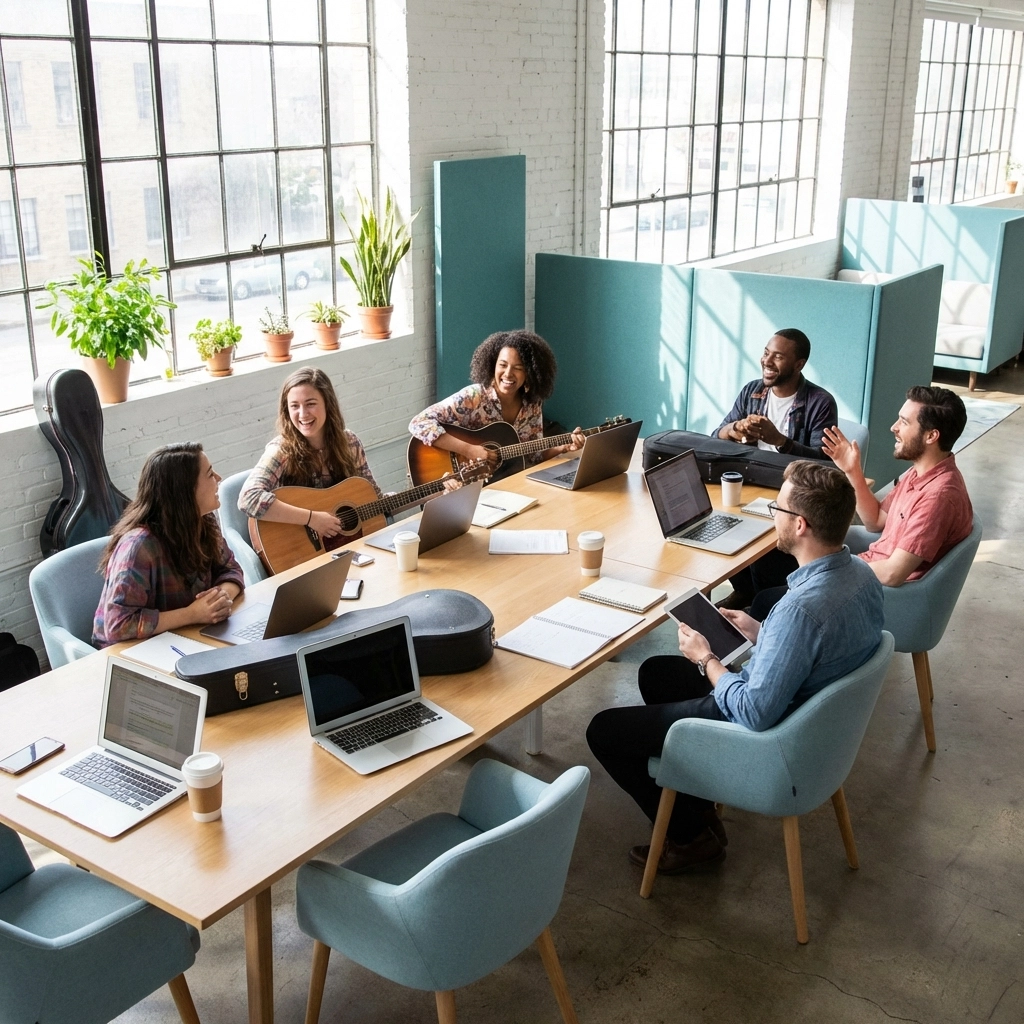 Musicians collaborating around a table in a bright workspace, symbolizing mastermind community and music career coaching