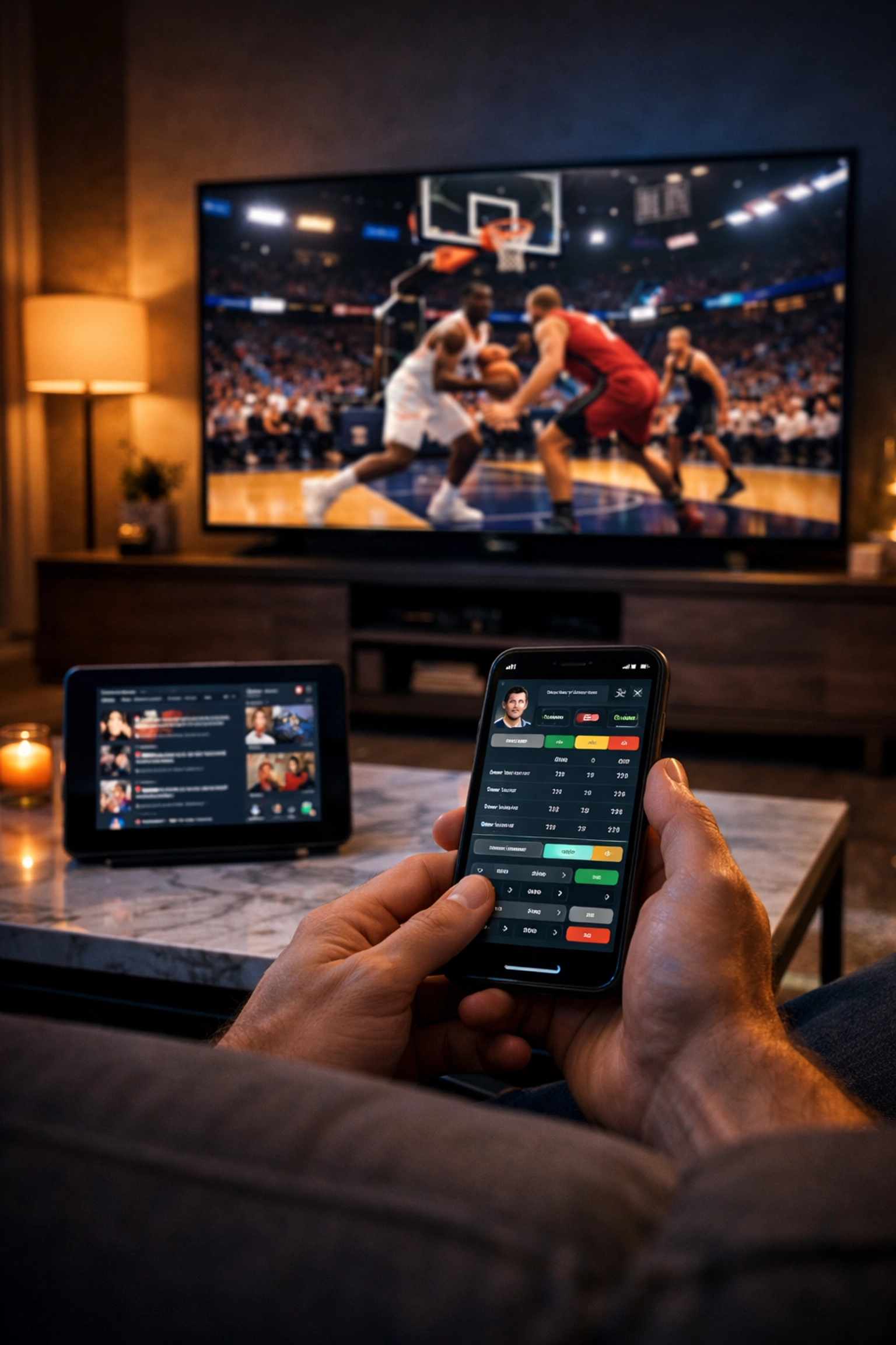 Fans using smartphones and tablets for a second-screen sports advertising experience during a basketball game.