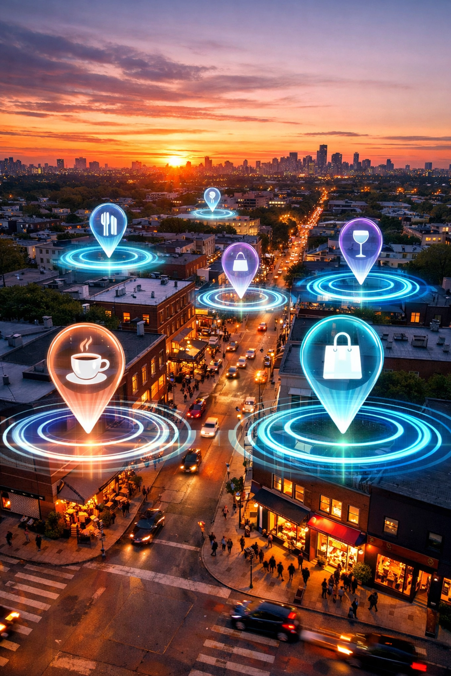 Digital map pins over a city illustrating how the TikTok local feed connects businesses to nearby customers.