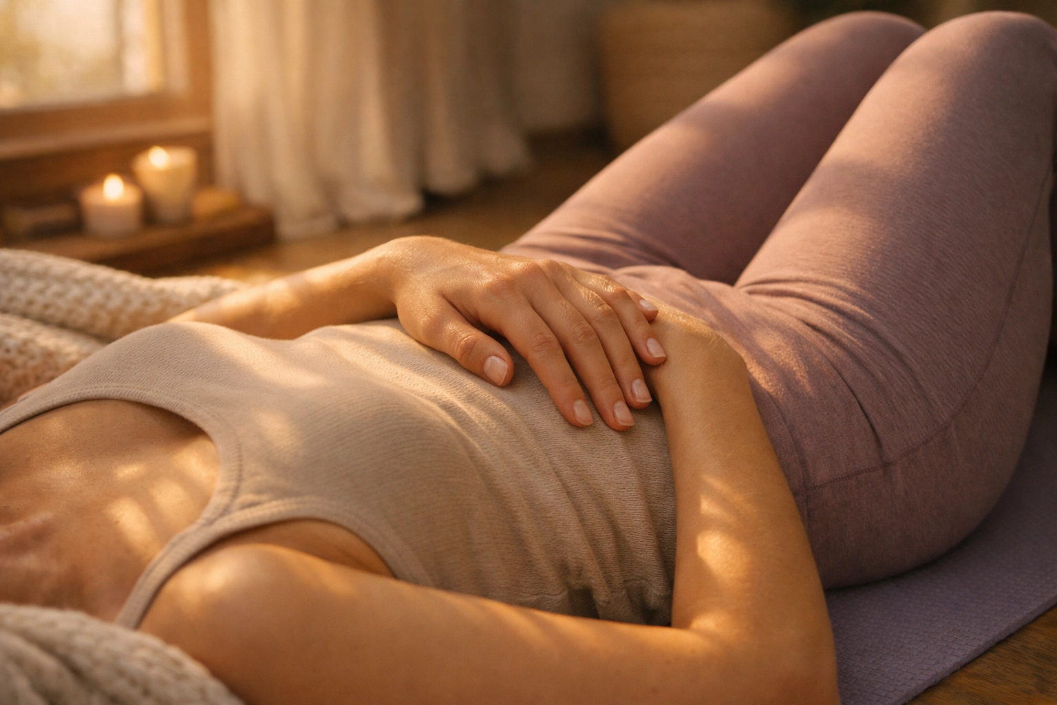 Perimenopausal woman in gentle supine twist yoga pose for better sleep