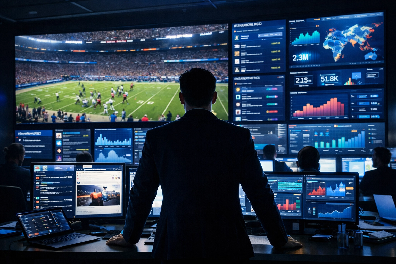 Media buyer in a digital command center tracking real-time Super Bowl advertising analytics and strategy.