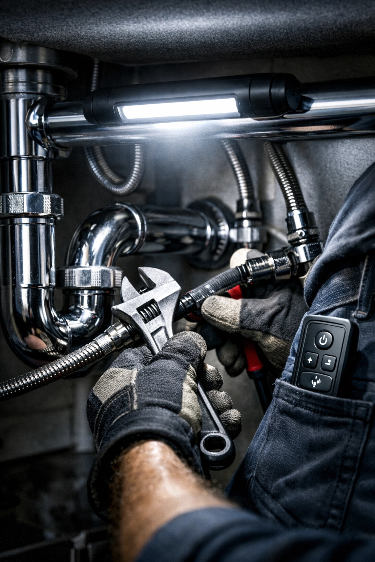 Hands-free plumbing repair using remote-controlled LED flashlight under sink