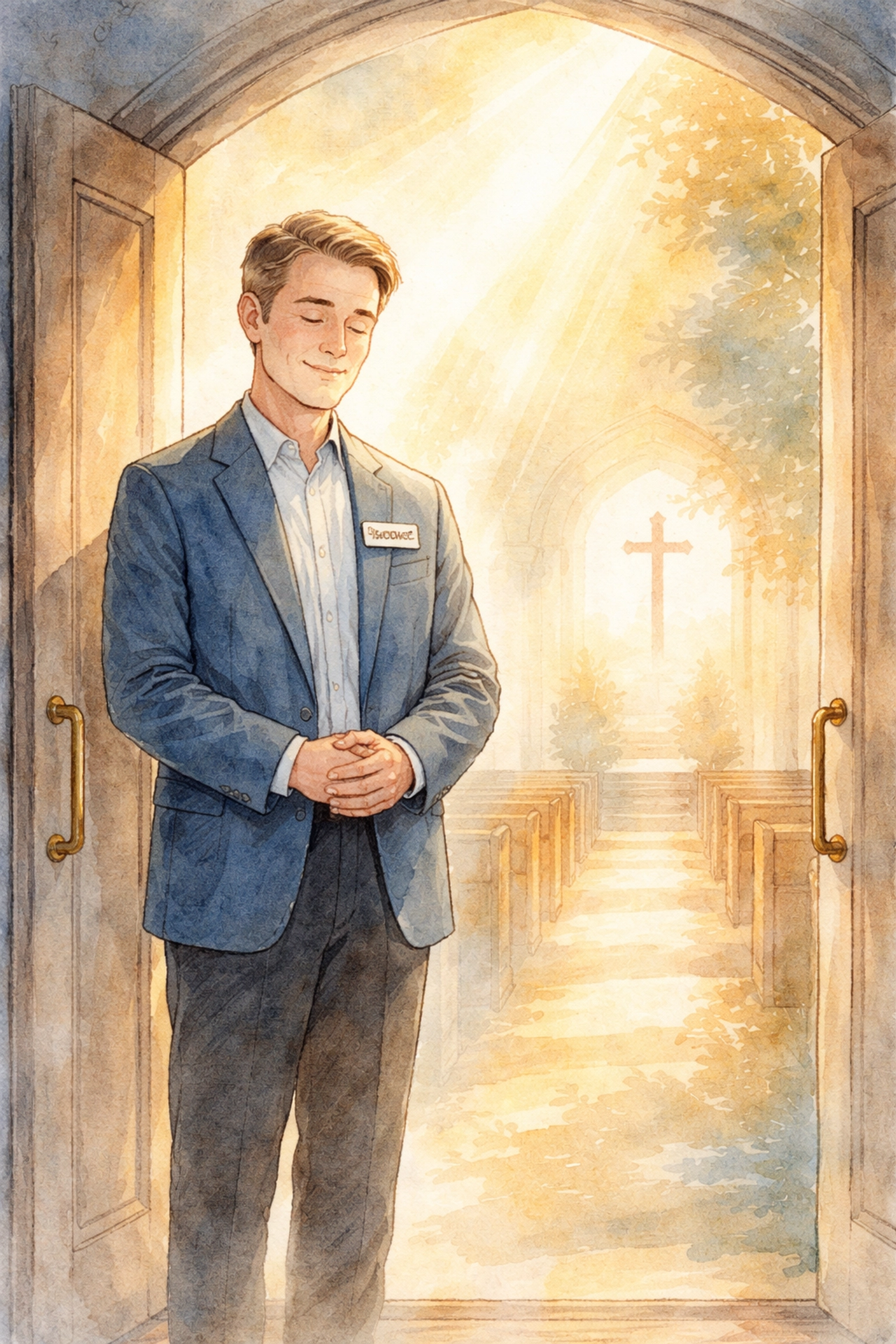 Watercolor illustration of a church greeter praying at an open doorway, symbolizing spiritual hospitality and presence.