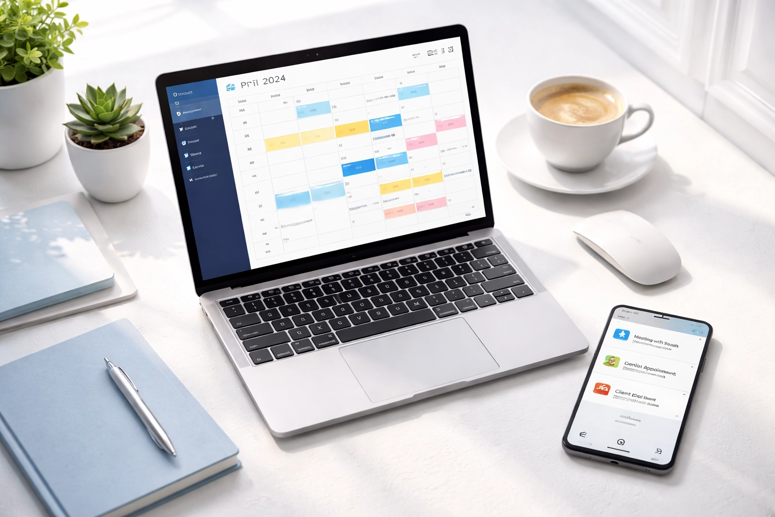 Modern office desk with laptop and phone displaying ServiceNow appointment booking, highlighting streamlined employee self-service.