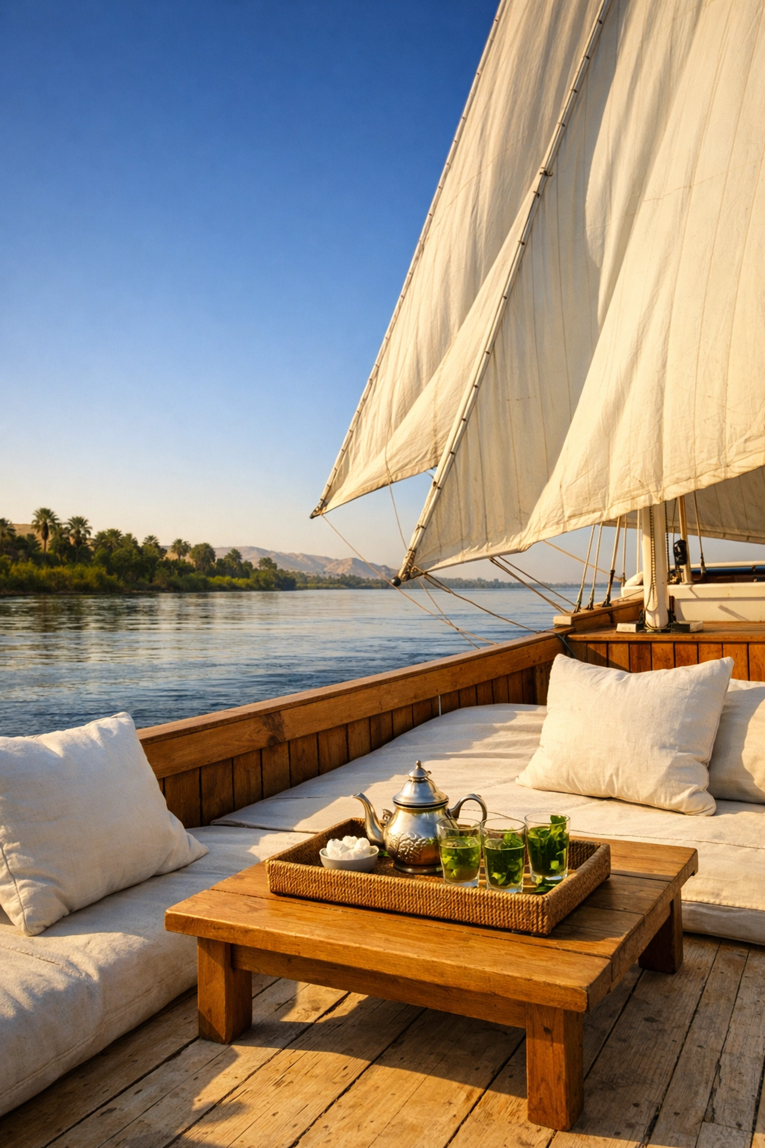 Deck of a luxury Dahabiya sailing boat on the Nile River with white cushions and tea service.