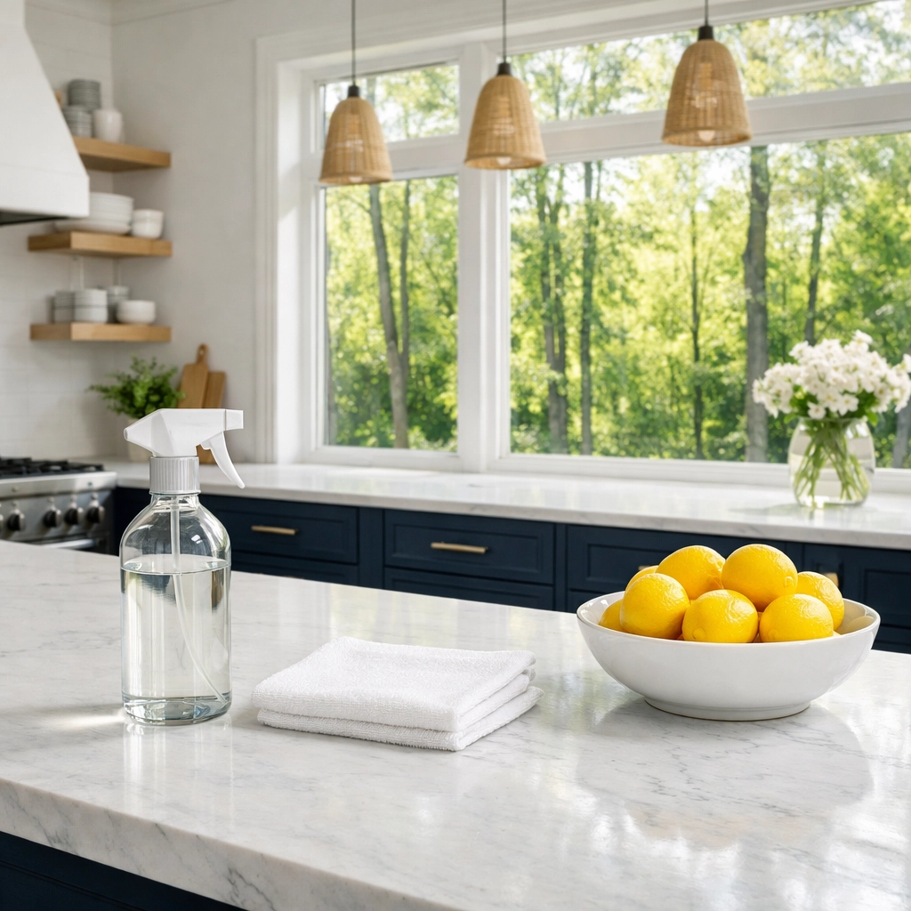 Eco-friendly products used for bi-weekly house cleaning in a Rochester kitchen.