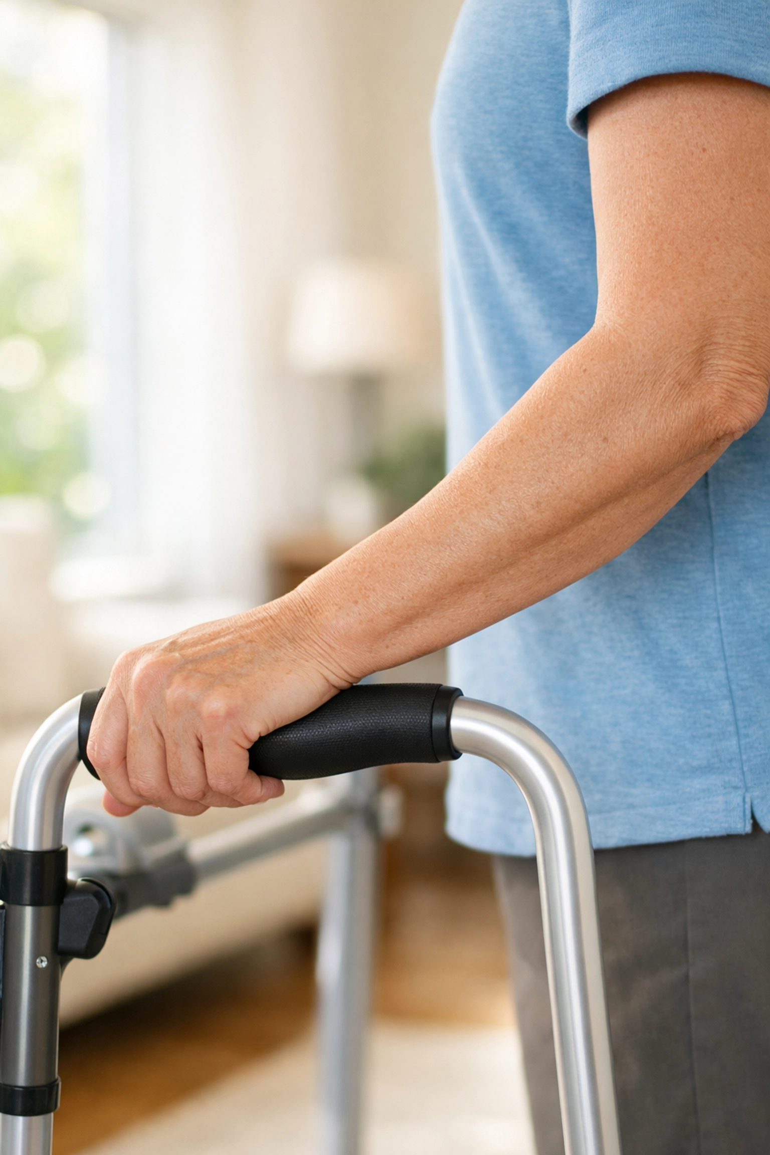 Correct walker handle height adjustment showing wrist alignment for stability.