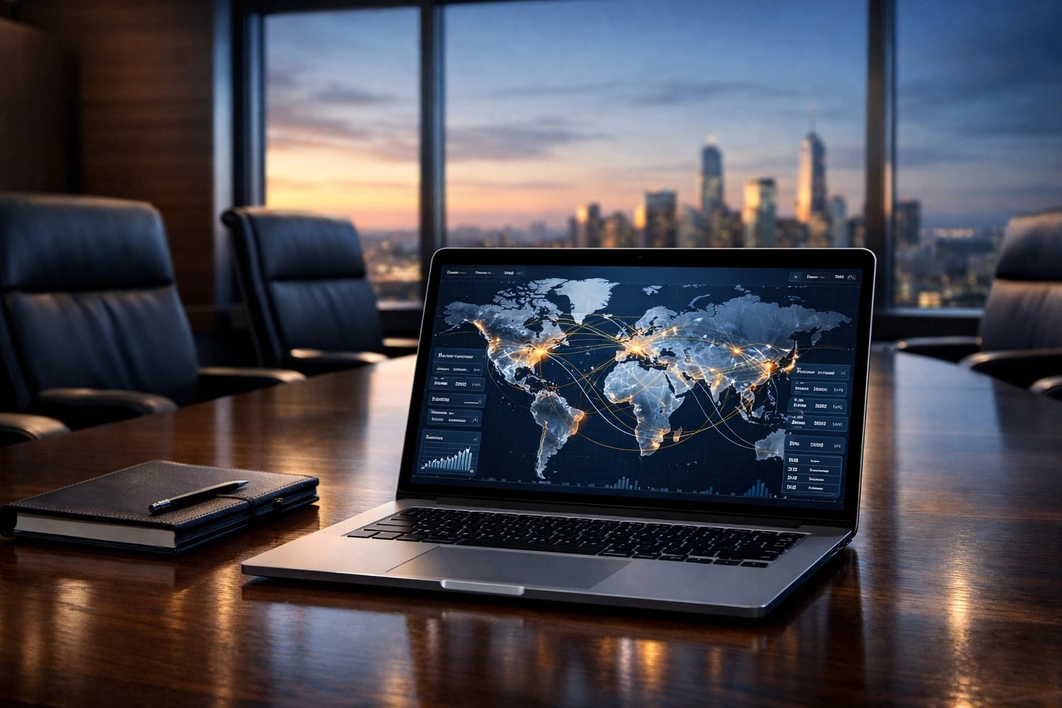 CEO reviewing global market research and data-driven expansion strategies on a digital world map.