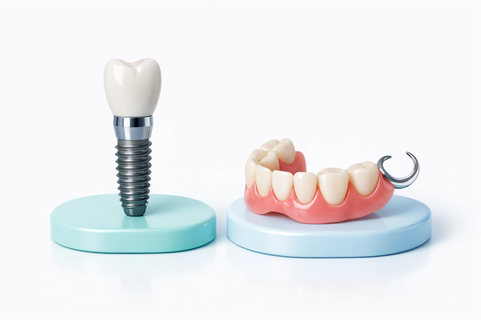 Side-by-side comparison of a dental implant and dentures at a Markham dentist.