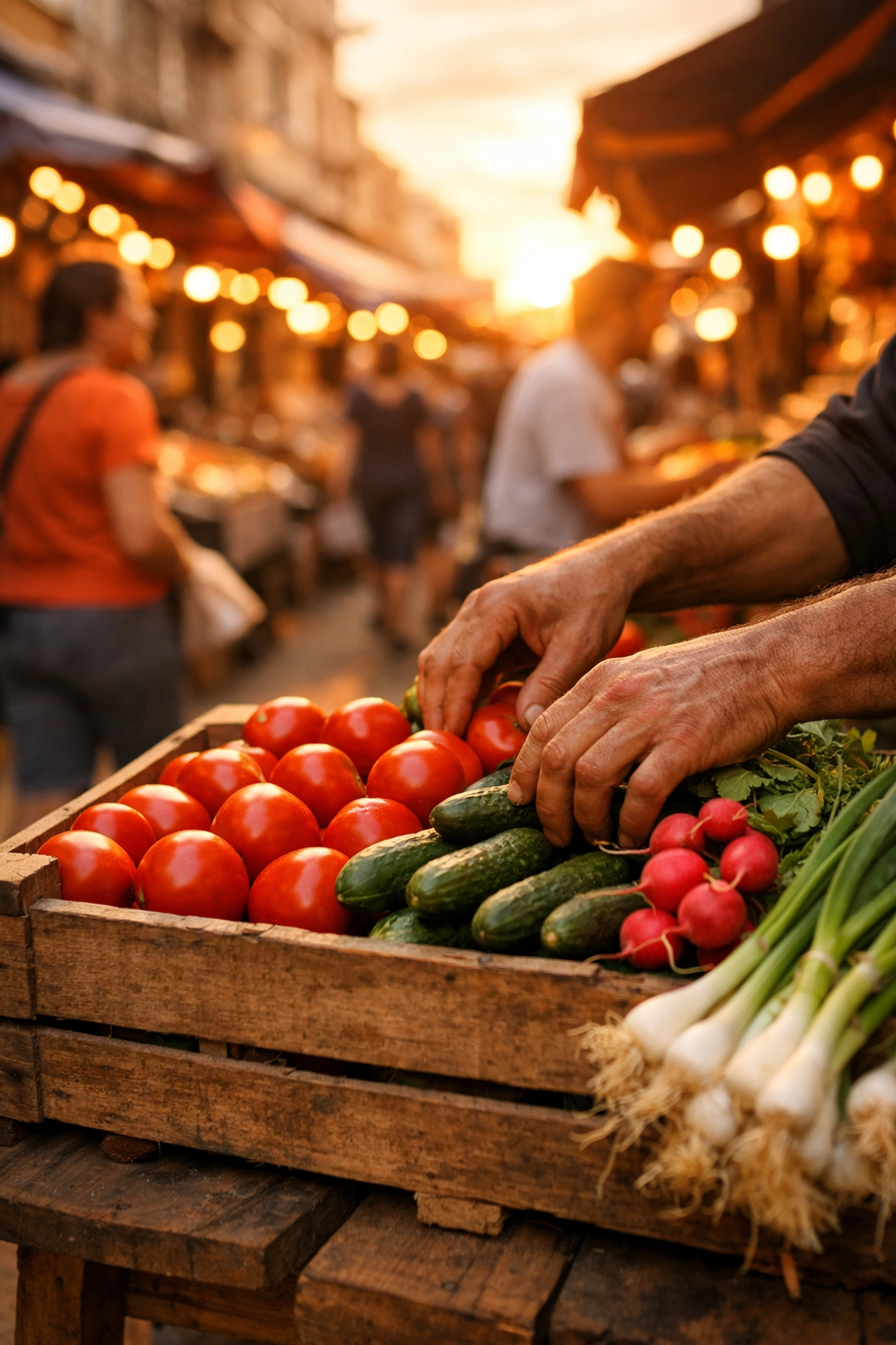 Vendor arranging fresh produce at urban street market during golden hour for authentic travel photography