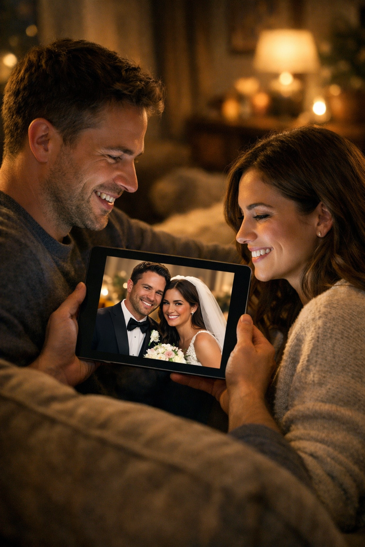 Clients happily viewing their crisp wedding photography gallery on a tablet after a fast digital delivery.