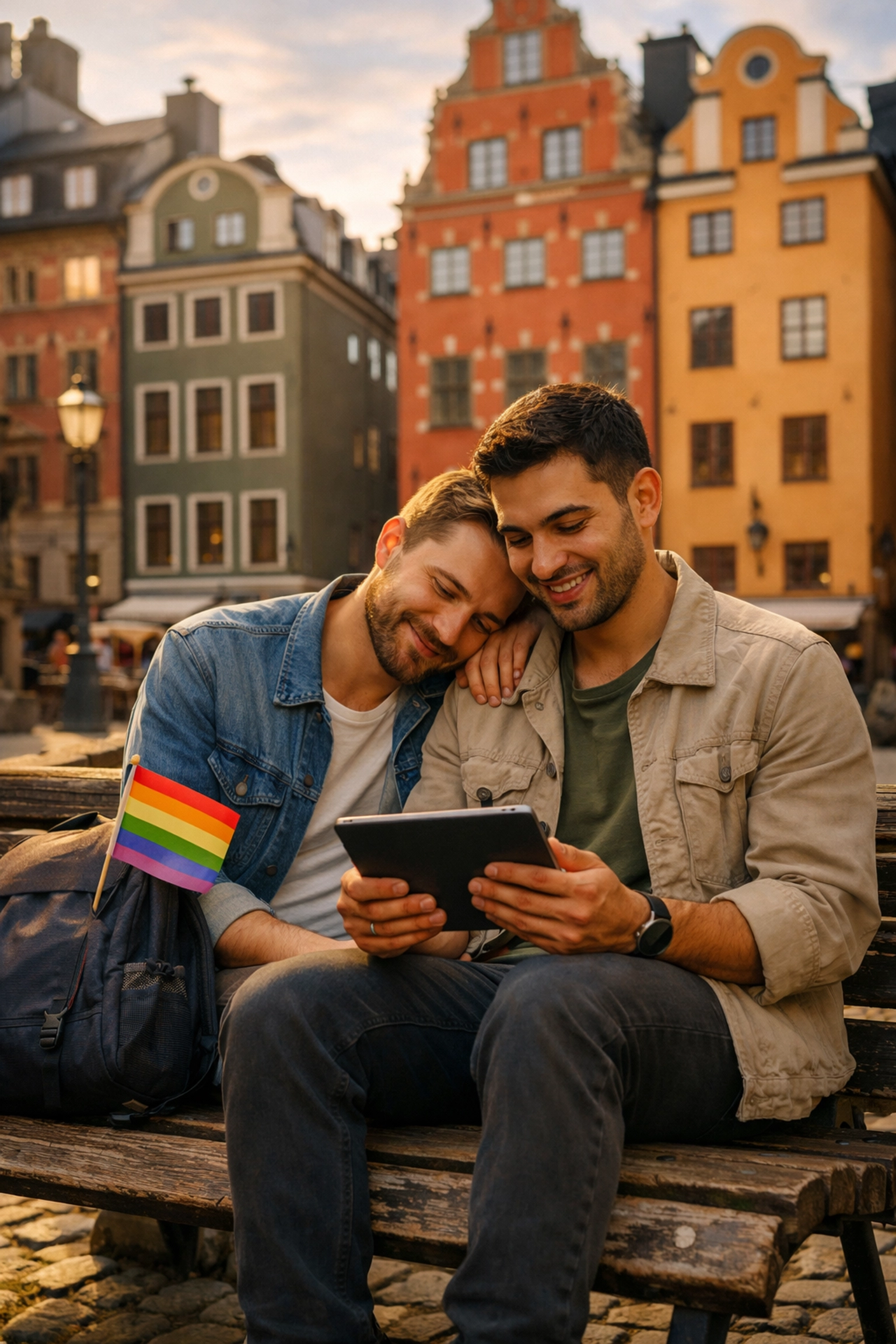 Two gay men reading together on a bench in historic Gamla Stan during Stockholm Pride.