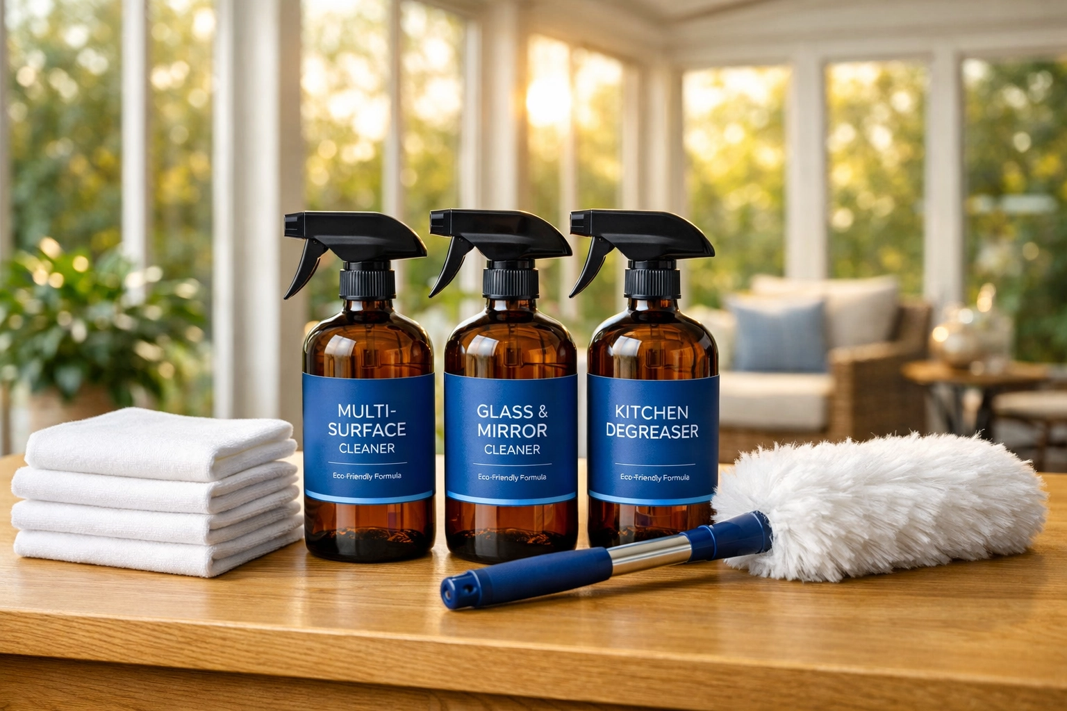 Eco-friendly cleaning products and professional gear used by reliable house cleaning services near me.