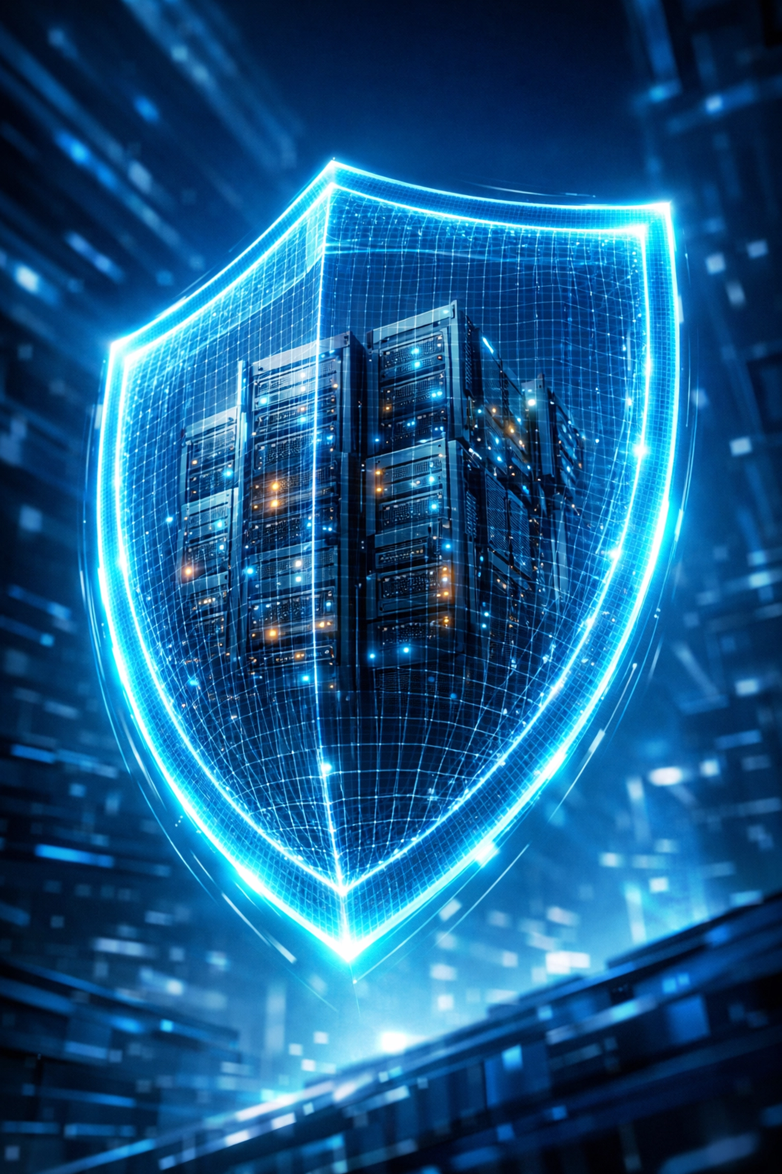A digital security shield protecting server nodes representing network security monitoring.
