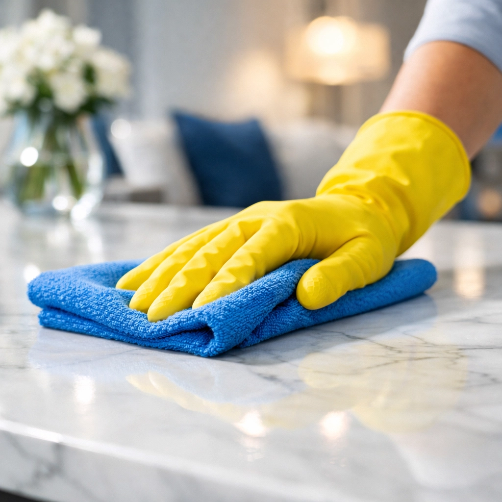 Professional cleaning expert sanitizing a high-end kitchen counter during a weekly house cleaning Hudson session.