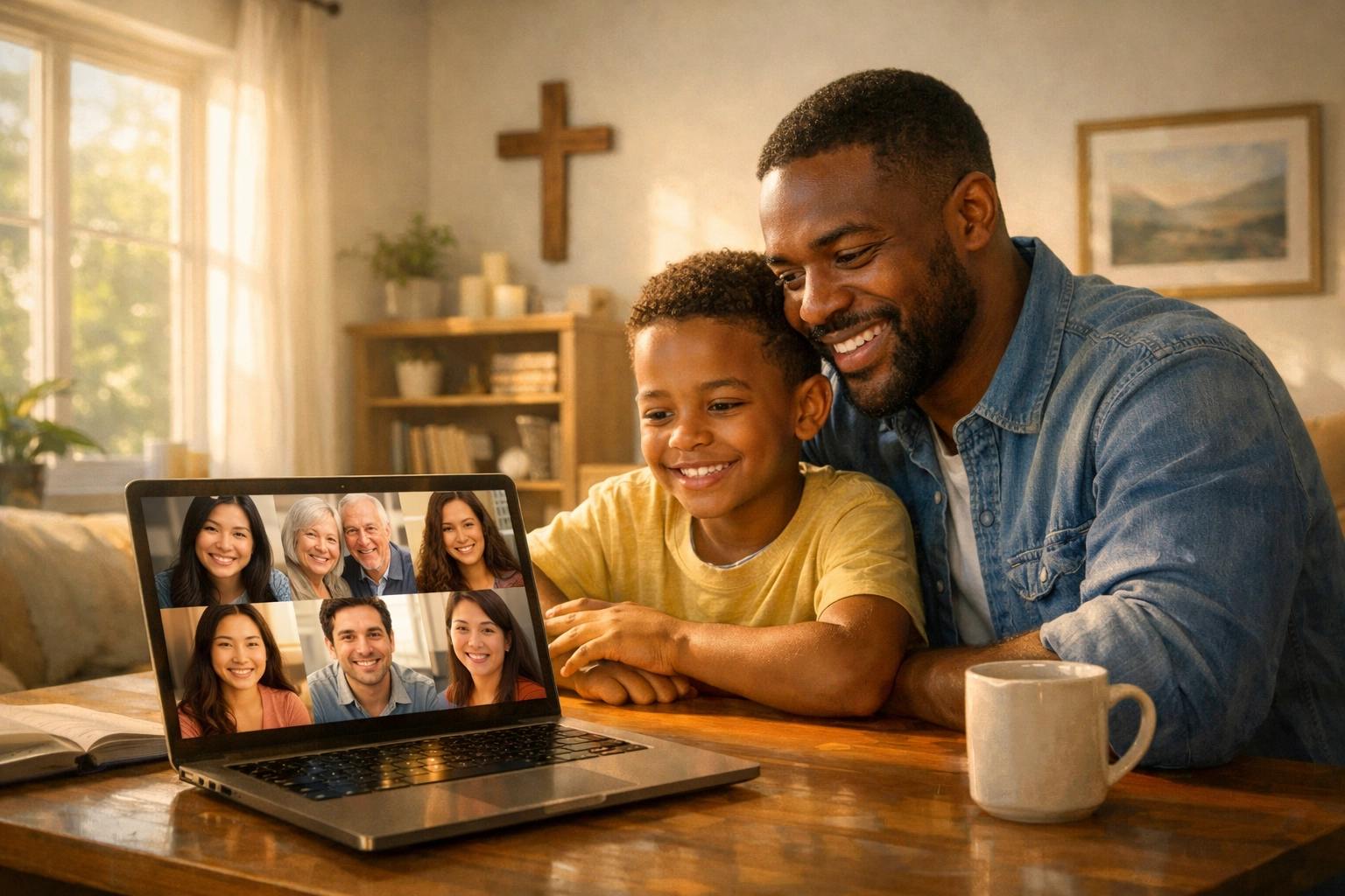 Father and son participating in a global virtual Bible study with Boundless Online Church.