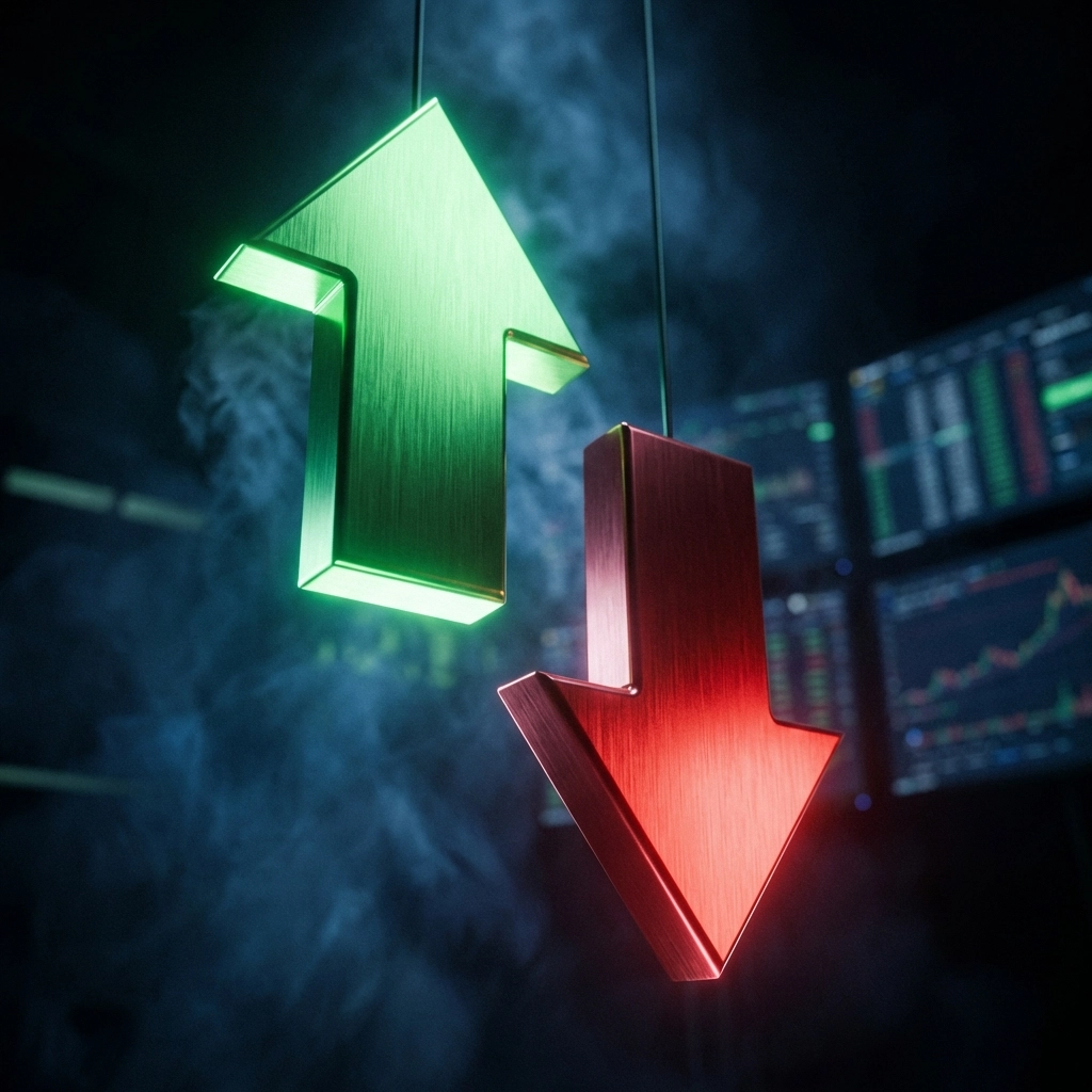 Green upward and red downward arrows symbolize long and short strategies in crypto futures trading