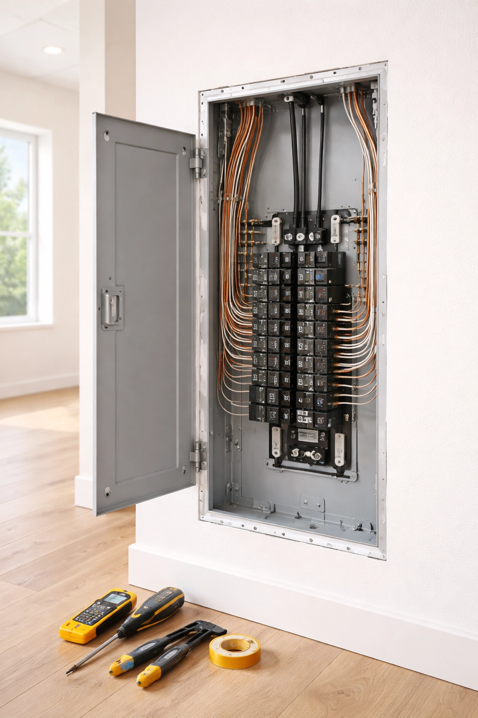 Residential electrical panel installation in a new Maine home highlighting safe, quality workmanship