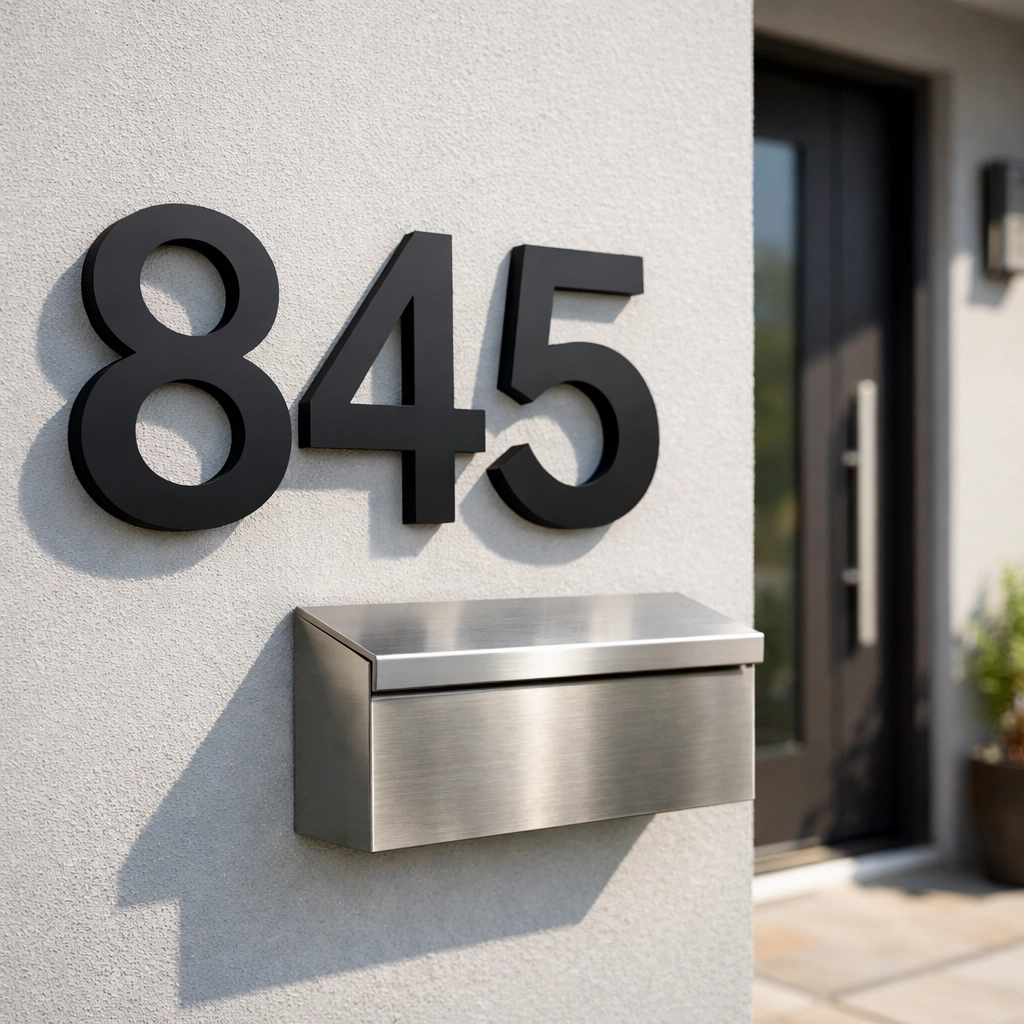 Modern black house numbers and brushed nickel mailbox on gray exterior for curb appeal