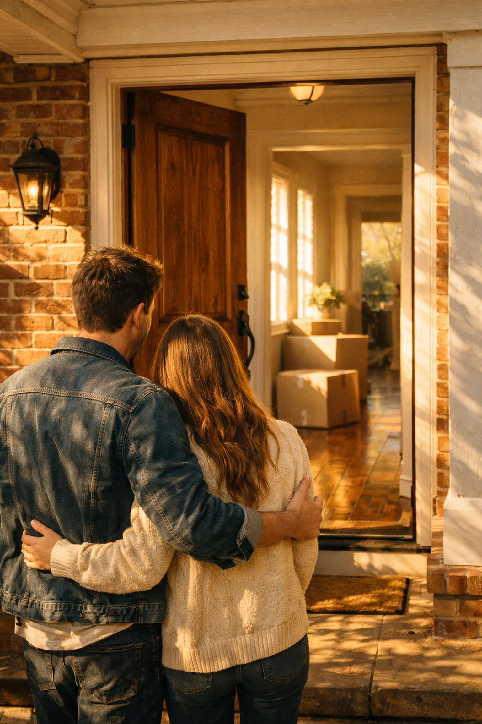 New homeowners standing on the porch of their Omaha house, celebrating a successful move and life transition.