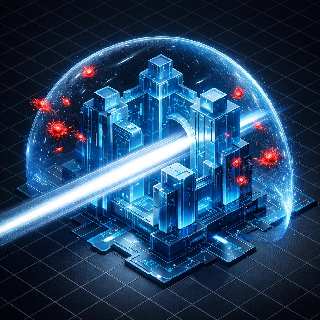 A secure digital fortress with a protective shield deflecting malware and securing online traffic.