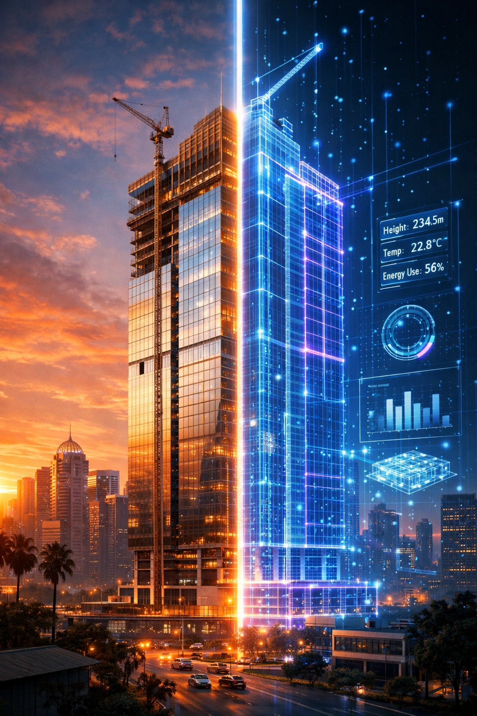 Digital twin of a city building using spatial intelligence and global tech trends for architectural planning.