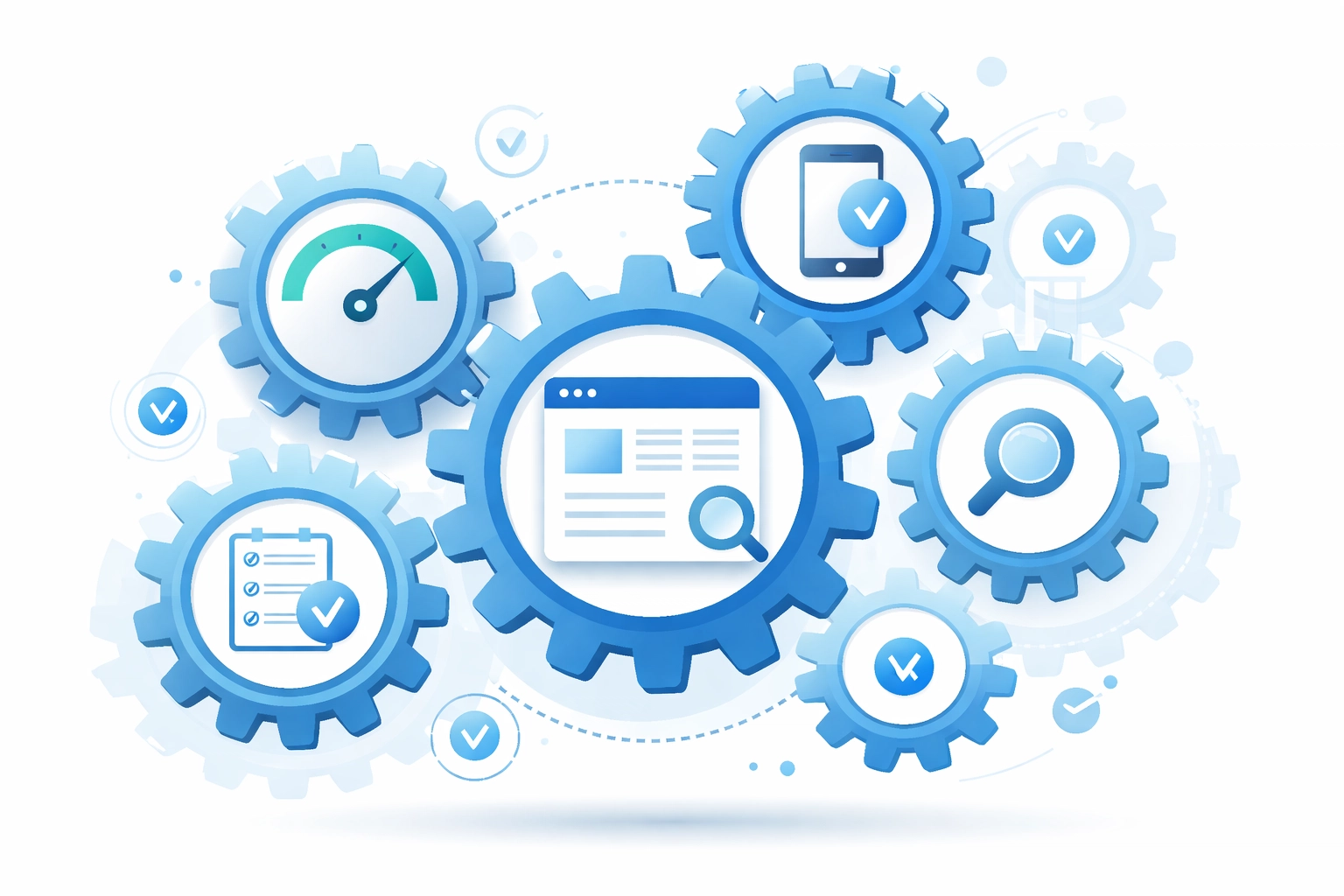 Gears and icons forming a website structure symbolizing technical SEO health and optimization