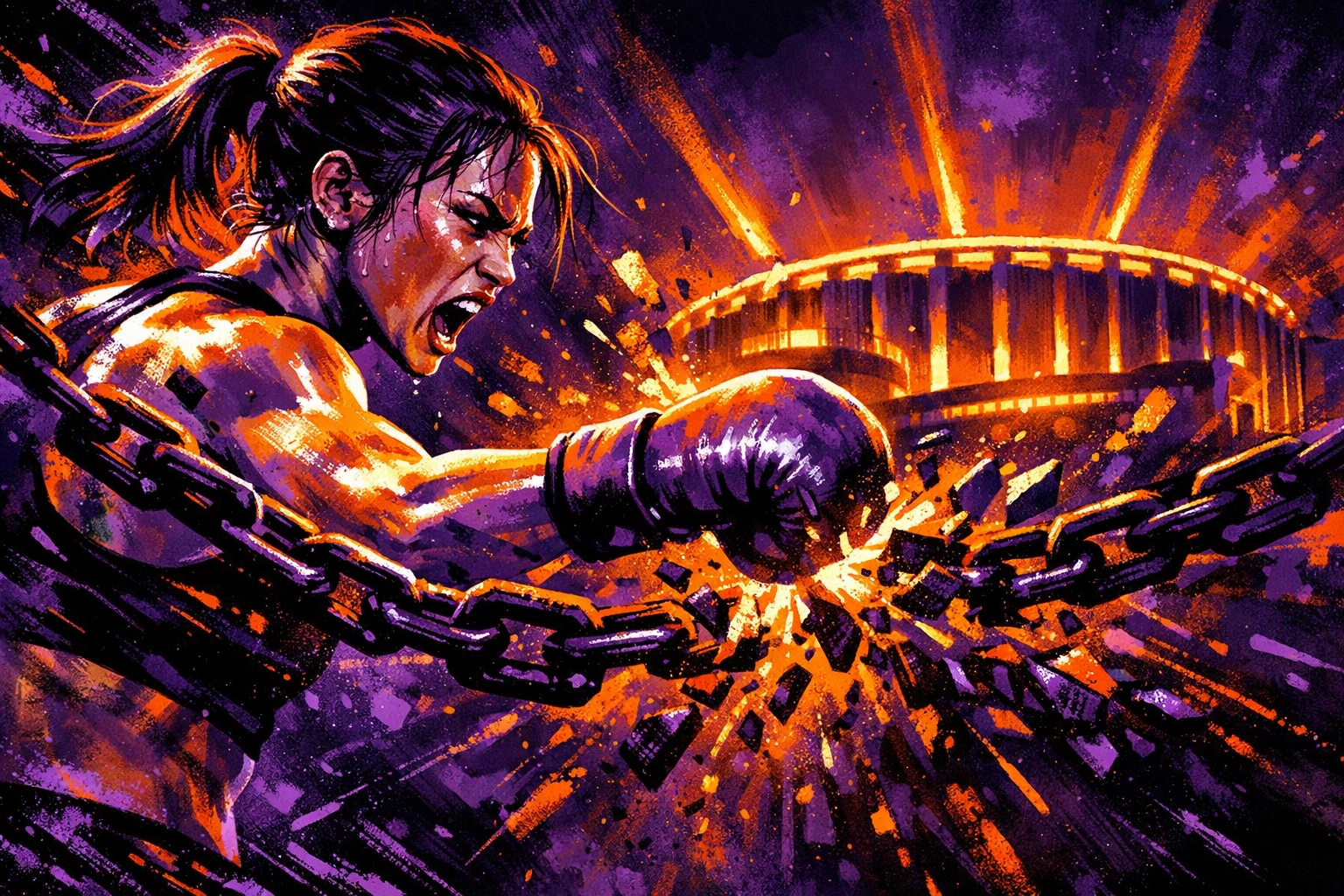 Female boxer breaking chains at Madison Square Garden, illustrating the rise of women's boxing and MVPW.
