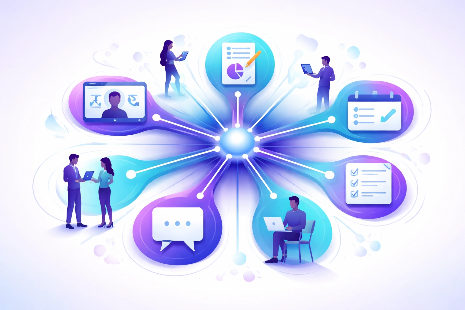 Central team hub with collaborative icons showcasing Microsoft Teams productivity for Northern Michigan IT support