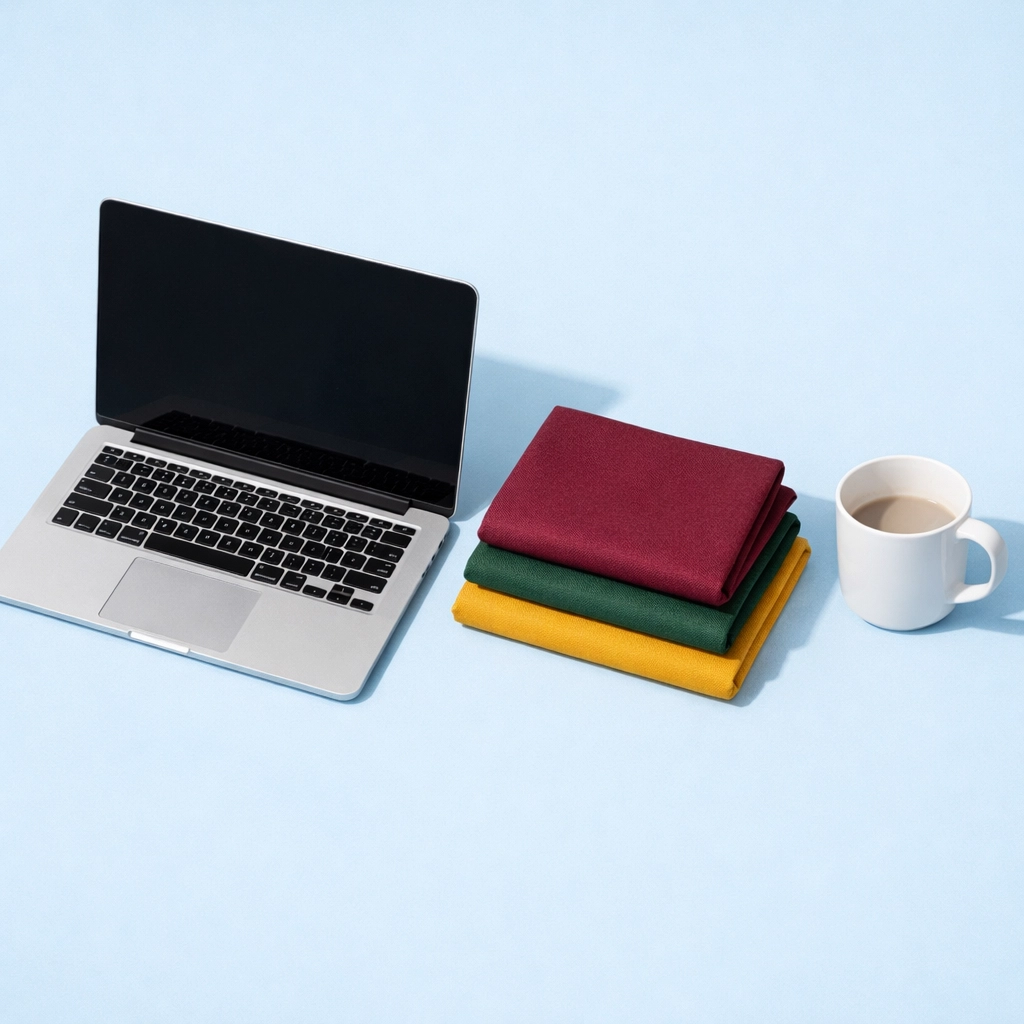 A modern workspace with a laptop and fabric swatches representing the Sunday hustle at Deright Fashion Store.