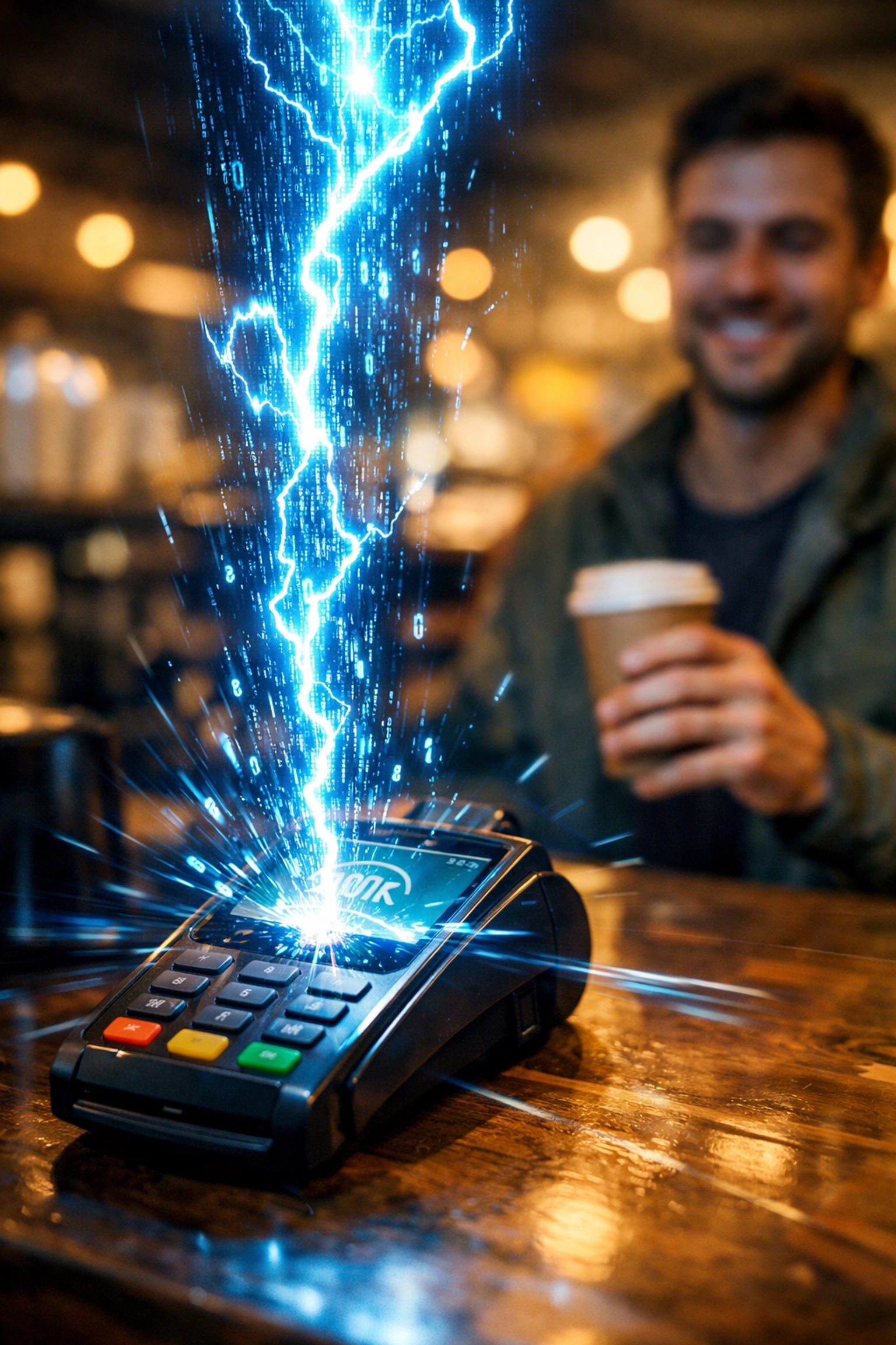 Instant crypto POS system transaction at small business coffee shop terminal