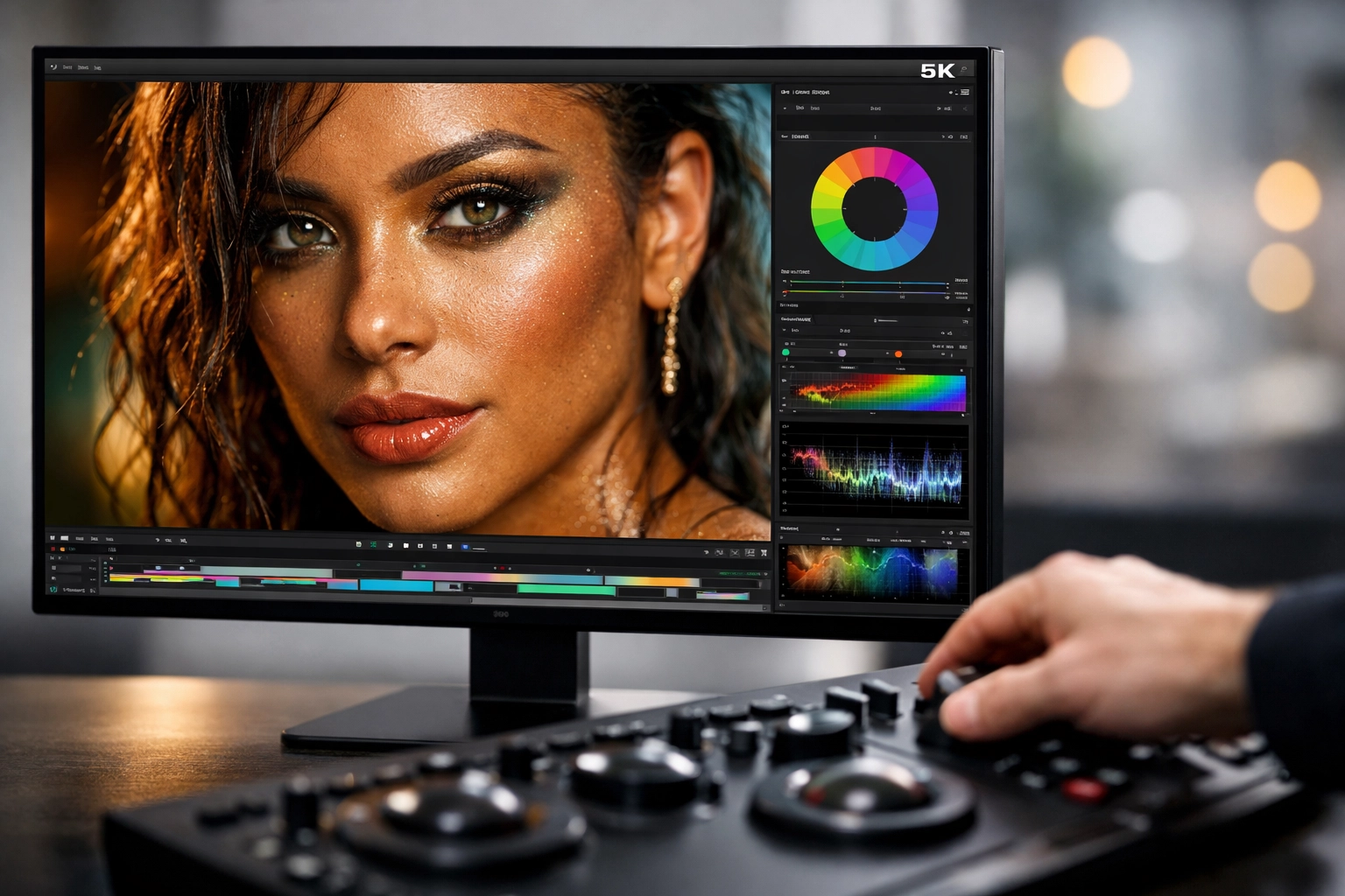 Close-up of high-resolution photo editing on a 5K monitor to ensure professional image quality.