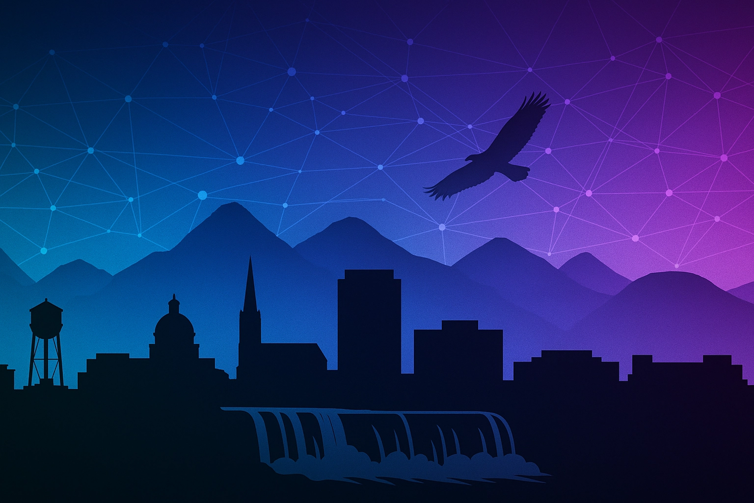 Data protection shield glowing above Montana mountains with digital streams, symbolizing cybersecurity in Montana businesses