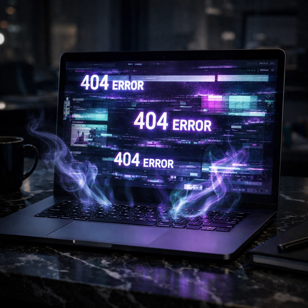 Laptop screen with 404 error codes and glitches illustrating the need for professional website redesign services.