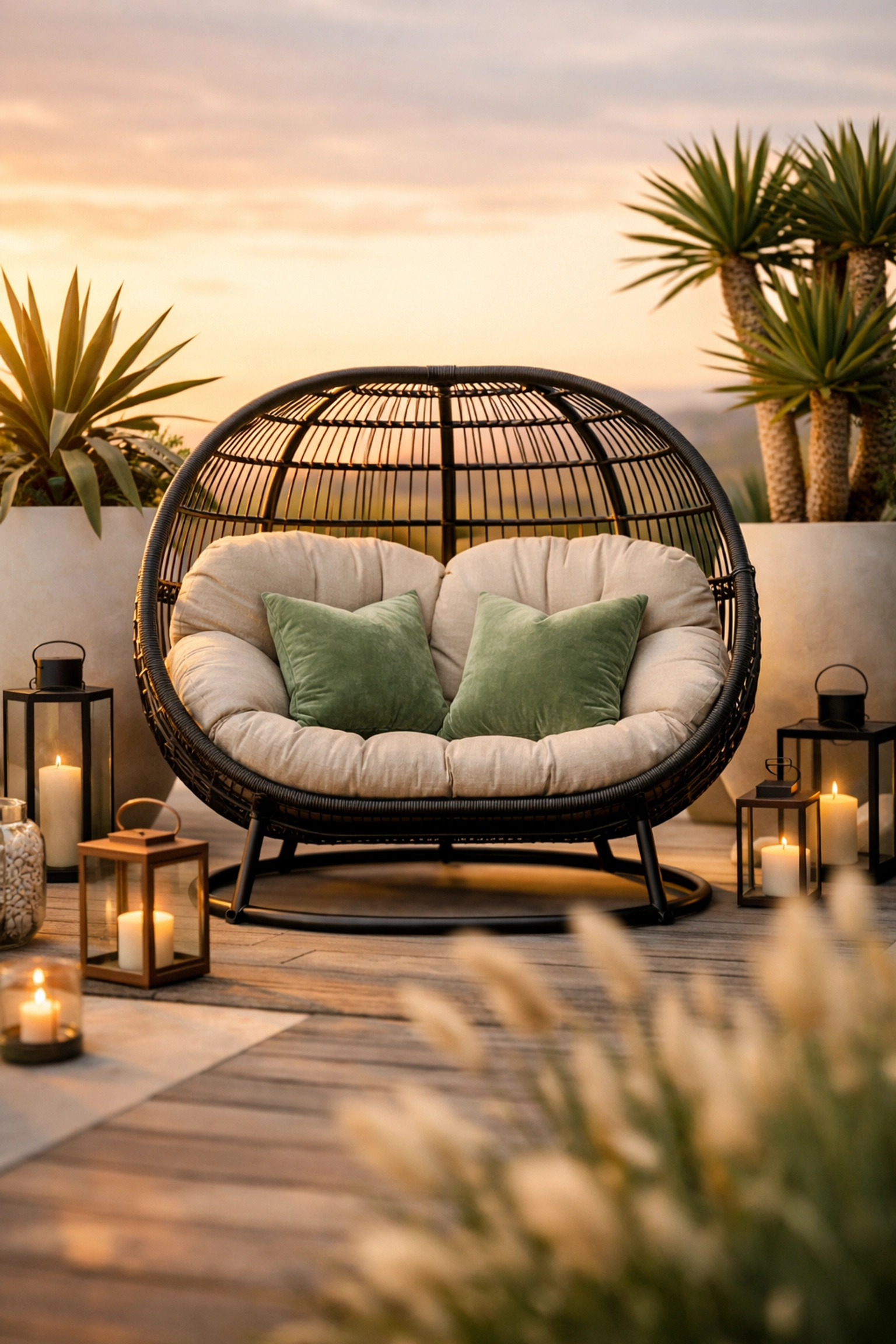 Luxury home remodeling outdoor patio featuring a Double Egg Chair and atmospheric golden hour lighting.