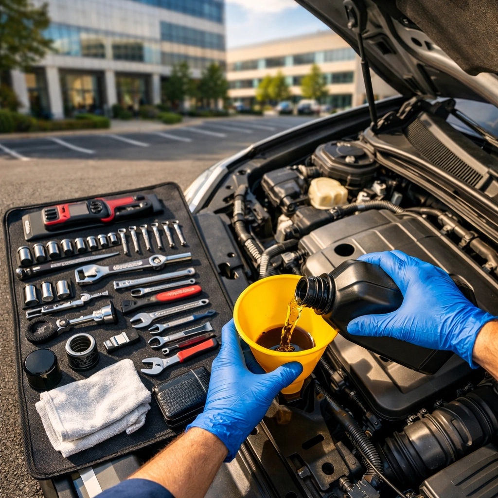 Professional mobile oil change service performed in office parking lot