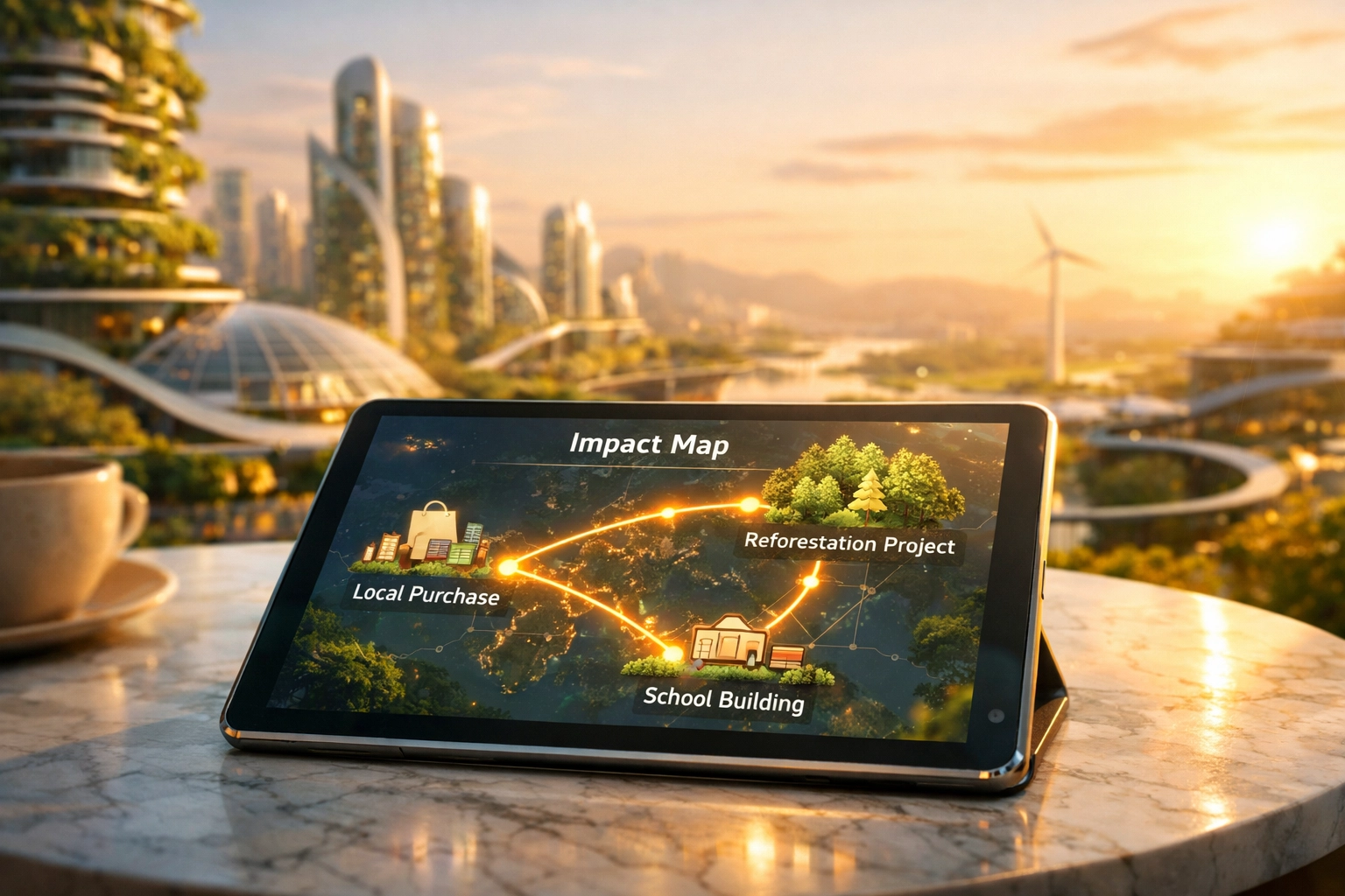 Tablet displaying a Larecoin impact map connecting decentralized payments to global reforestation and education.