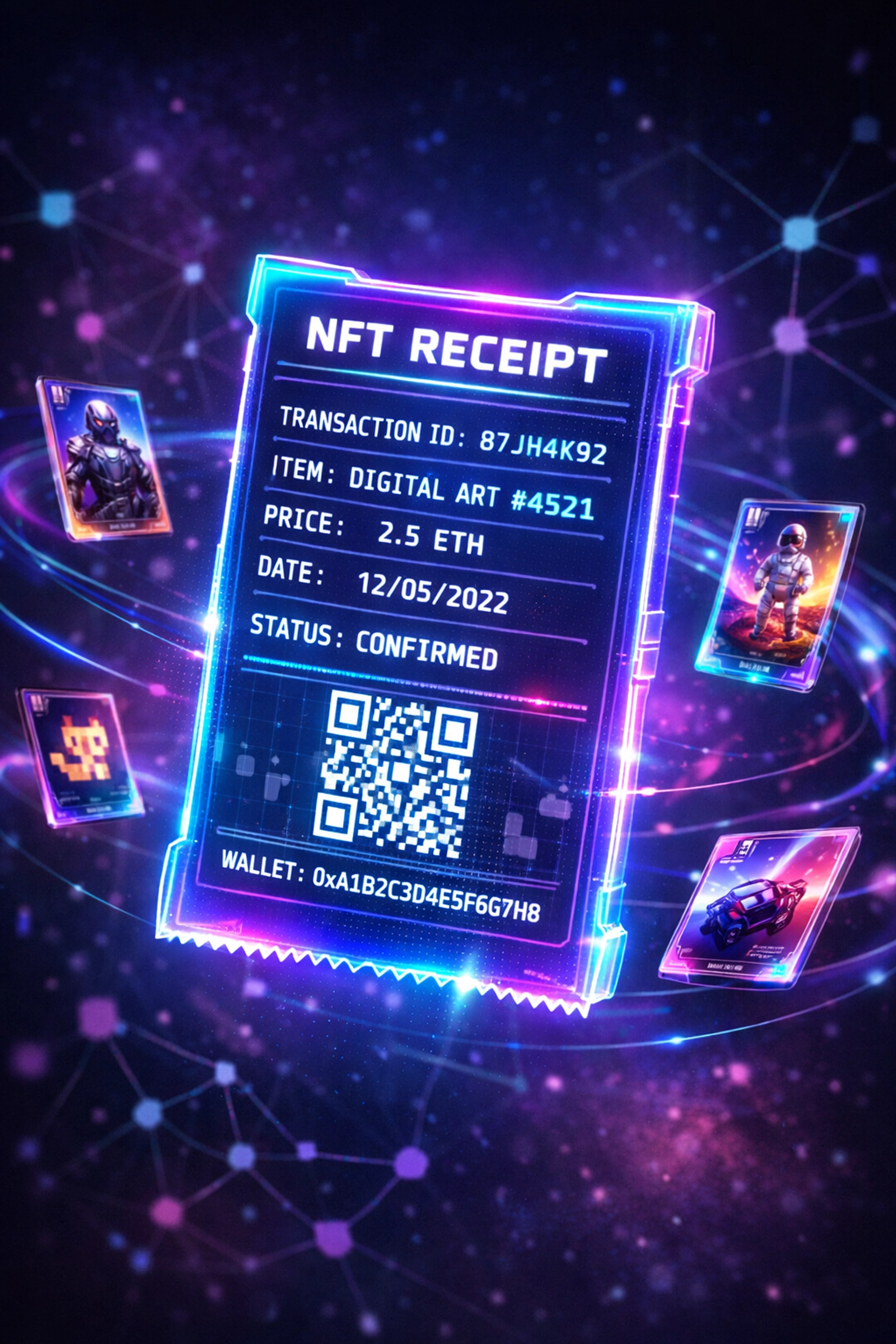 NFT receipt showing blockchain transaction proof for crypto payment verification