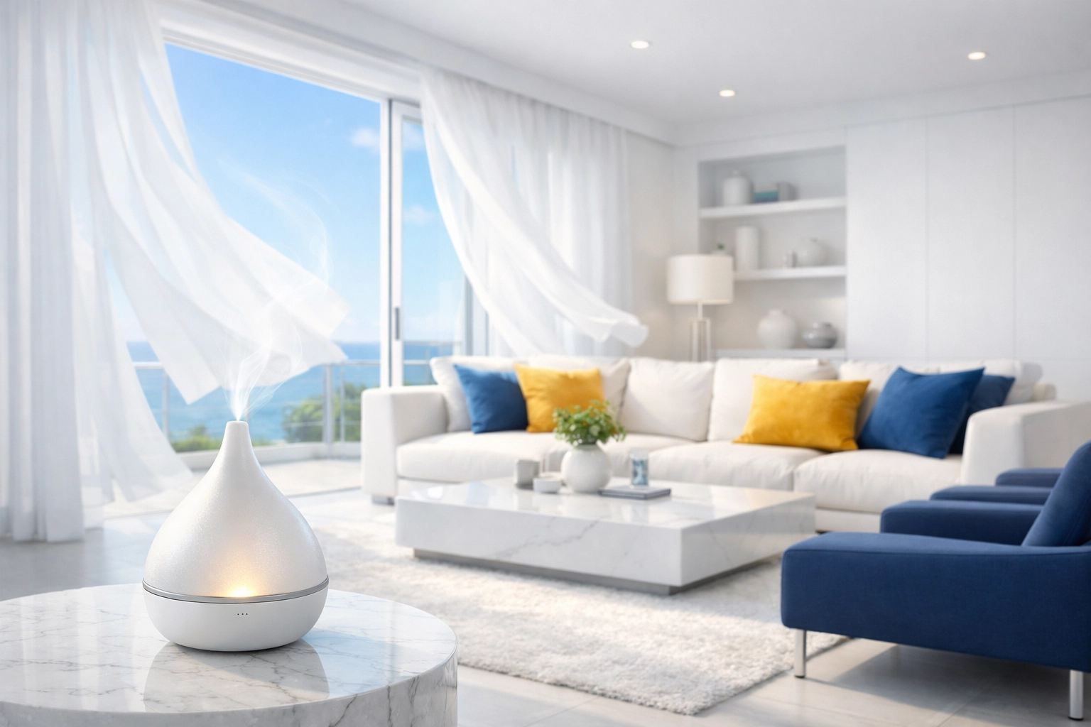 A fresh and dust-free living room featuring an essential oil diffuser for high indoor air quality.