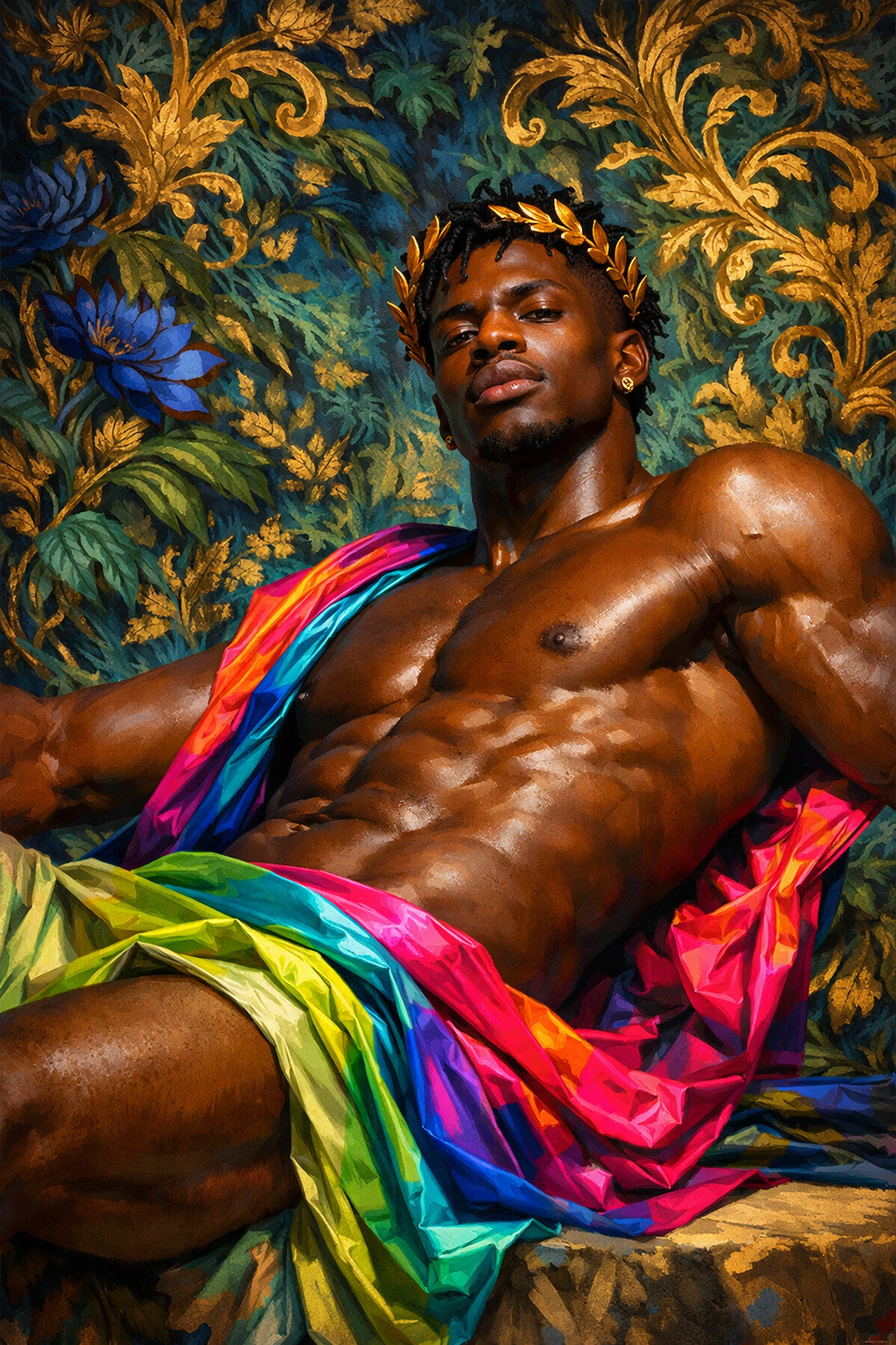 A regal portrait of a Black man in a classical pose, celebrating inclusivity and pride in queer art.