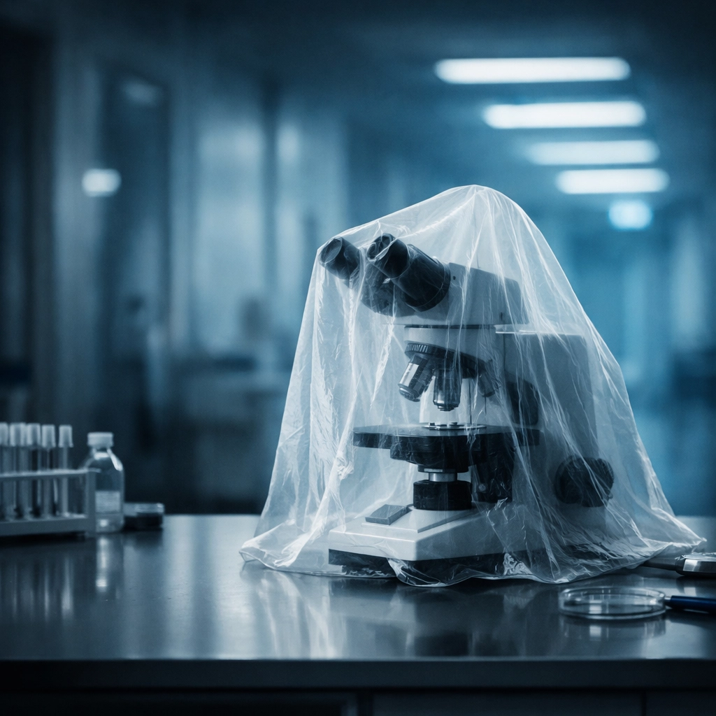 Dust-covered microscope in a silent lab representing the impact of HHS funding cuts on medical research.
