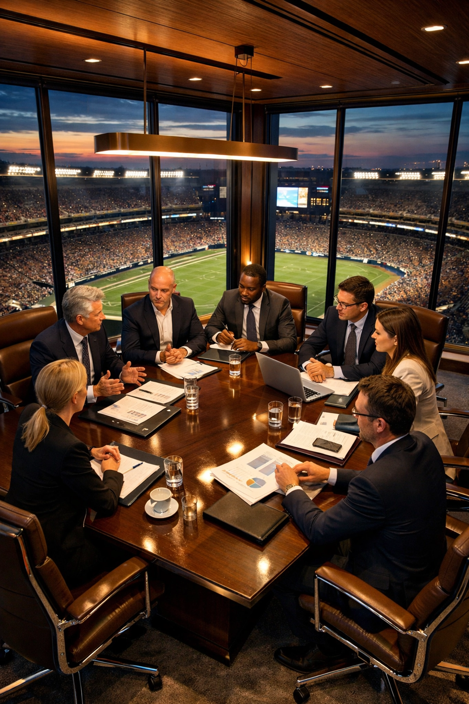 Corporate executives planning Super Bowl integrated travel strategy in modern conference room