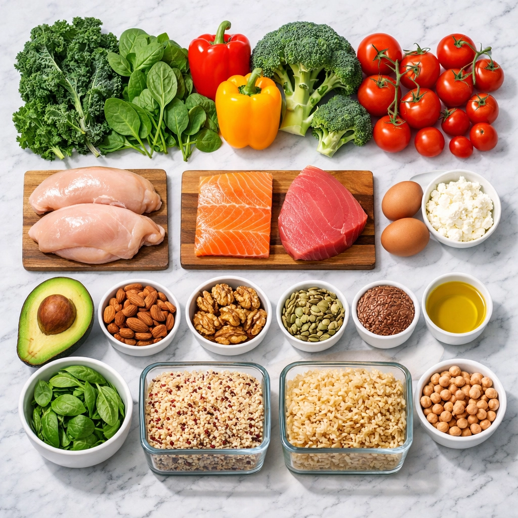 Whole foods for GLP-1 weight loss featuring vegetables, lean proteins, healthy fats, and whole grains