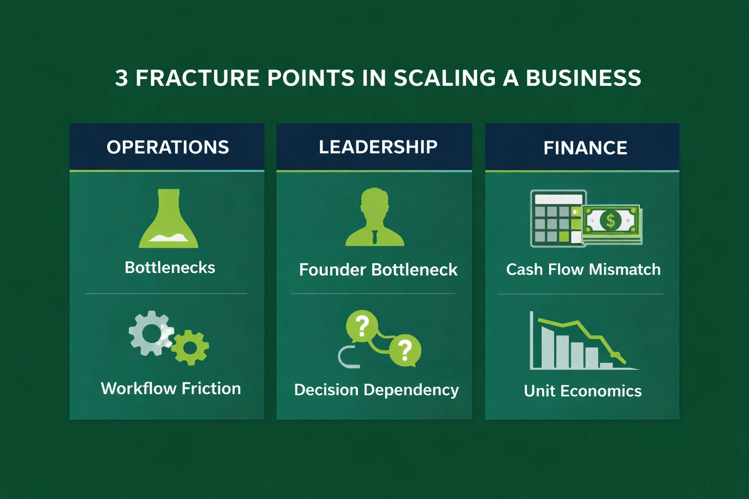 The Scalability Gap: Why Growth Stalls Without Strategic Planning Infographic showing the three fracture points in scaling: Operations, Leadership, and Finance.